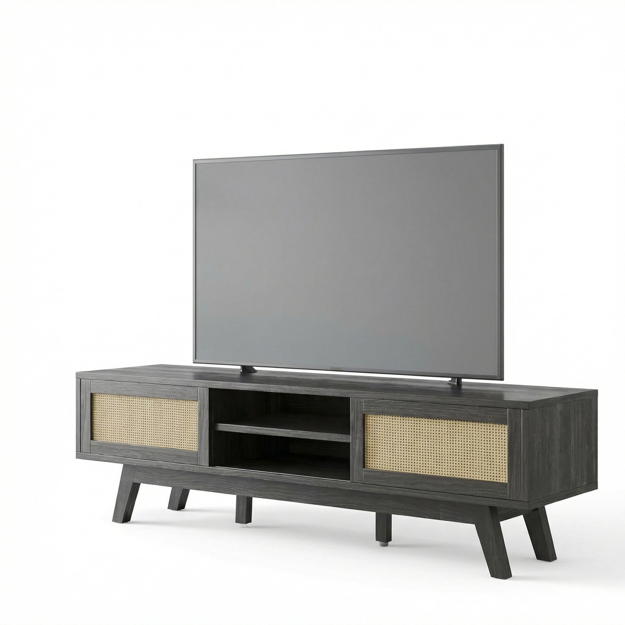 Black Rattan TV Stand for 65" TV - Boho Mid Century Modern Media Console with Sliding Doors
