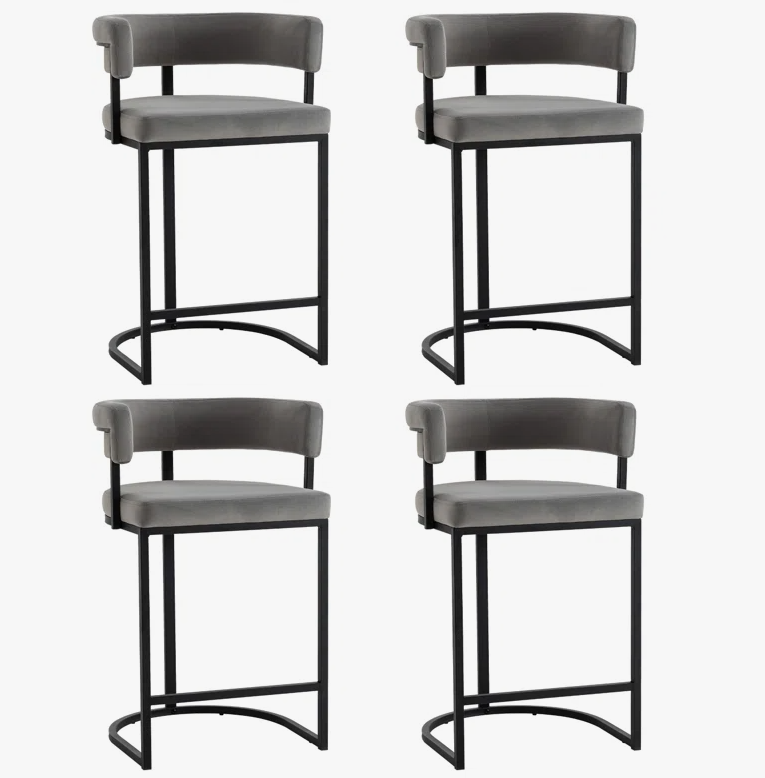 26 Inch Velvet Upholstered Counter Stool with Barrel Backrest, Upholstered Seat, and Metal Frame