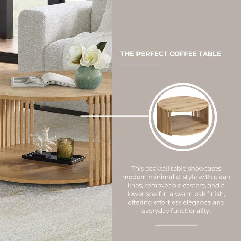 Stylish Estie Round Wood Slatted Coffee Table with Convenient Open Shelf and Hidden Wheels