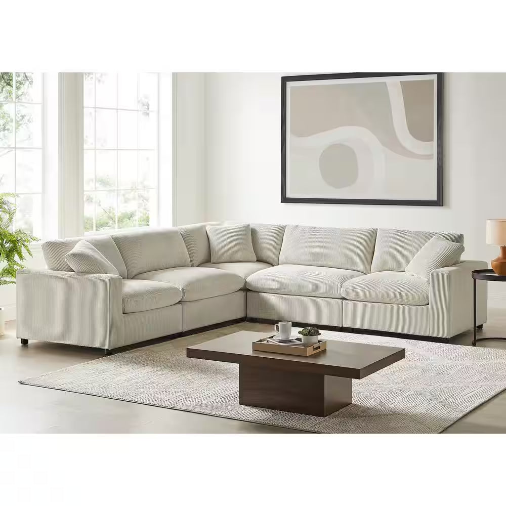 Hommeco 120" Beige Corduroy Fabric Modular 5-Piece Sectional Sofa - Square Arm Design