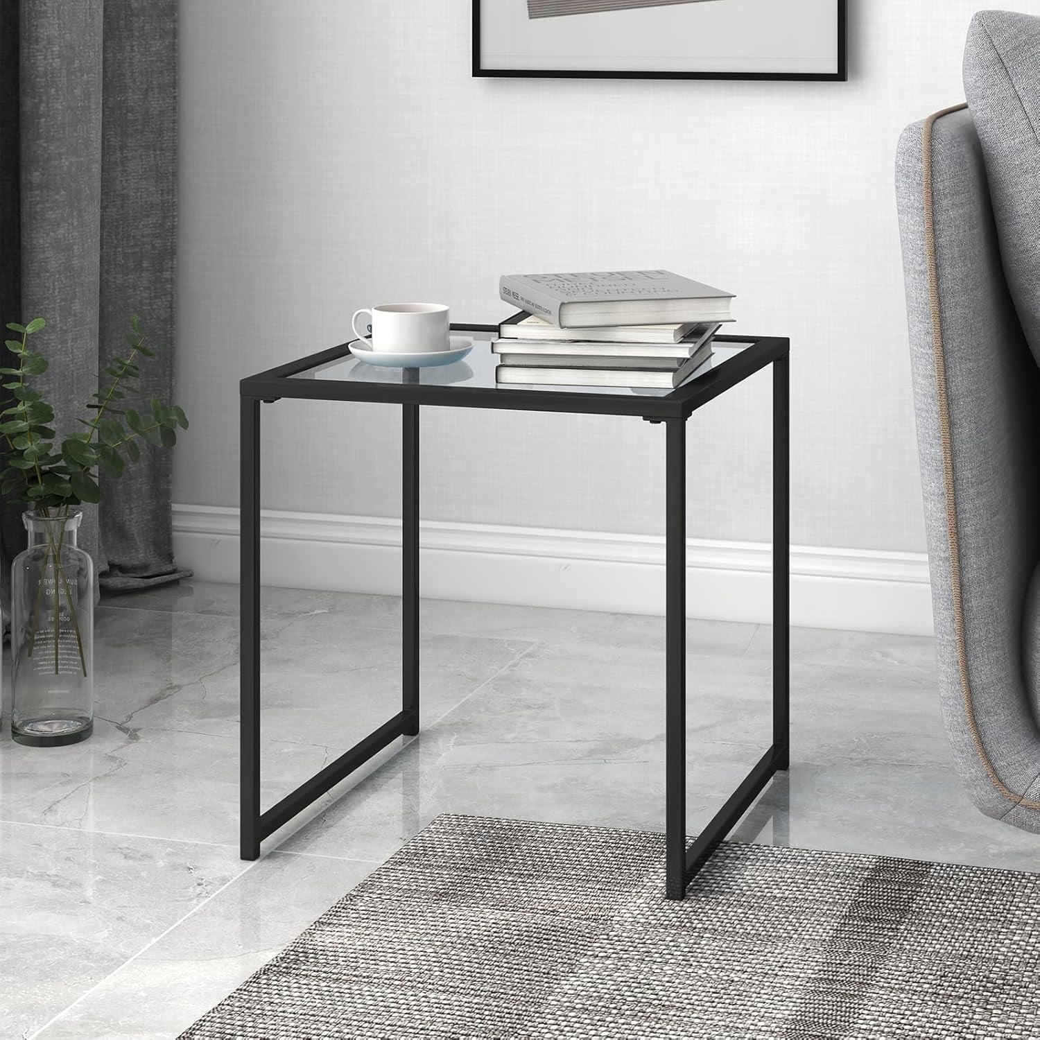 17" Square Patio Side Table - Modern Minimalist Metal End Table with Tempered Glass