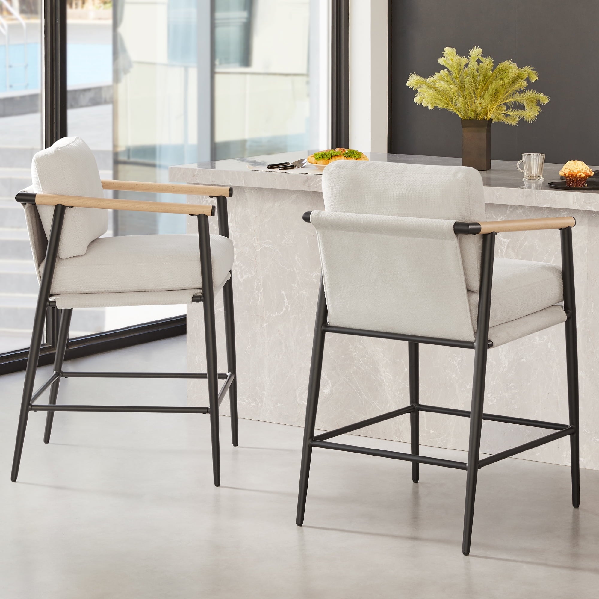 Modern Upholstered Bar Stools with Metal Frame and Wooden Armrests, Fabric in Beige