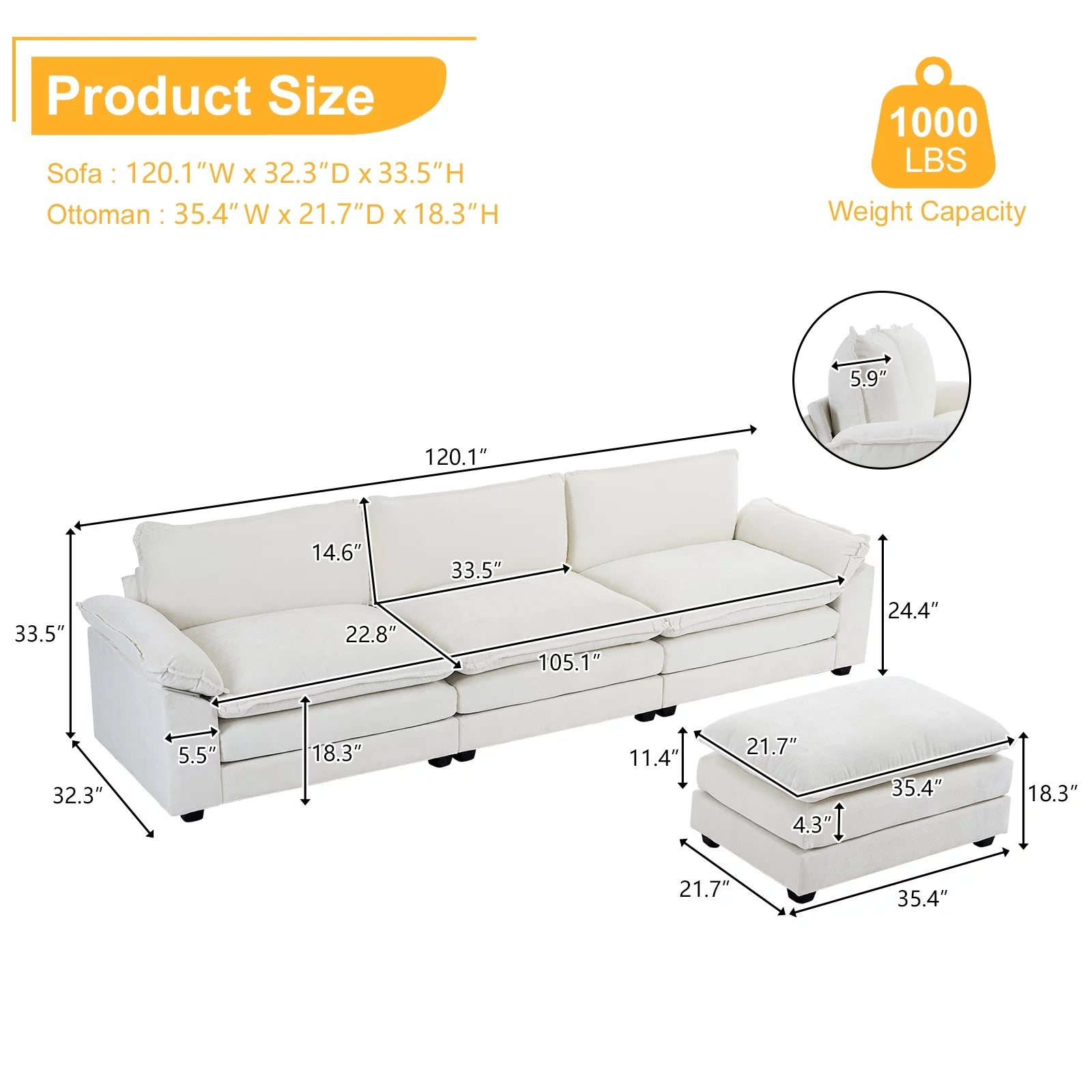 Sectional Sofa with Ottoman, L Shaped Convertible Couch with Removable Chaise Chenille Fabric Sofa Set for 4-6 Persons Living Room Furniture Beige