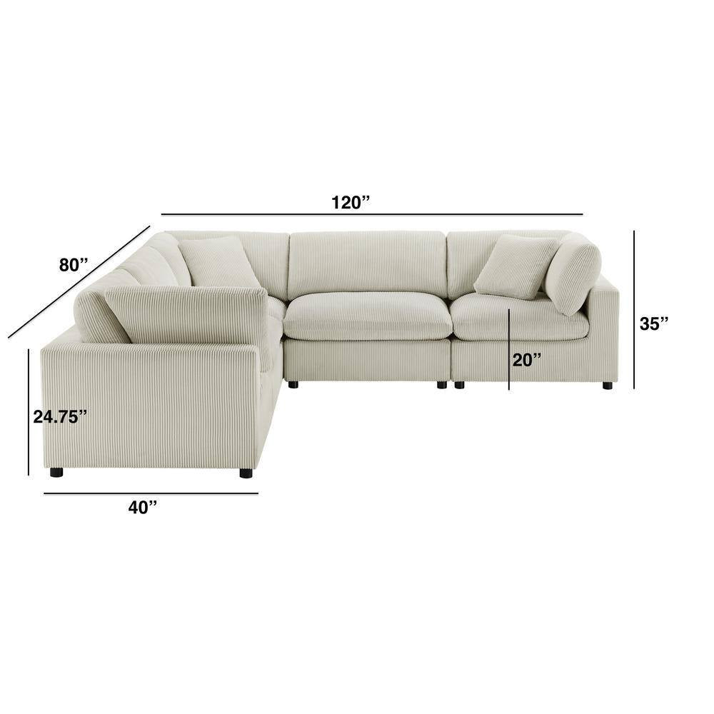 Hommeco 120" Beige Corduroy Fabric Modular 5-Piece Sectional Sofa - Square Arm Design