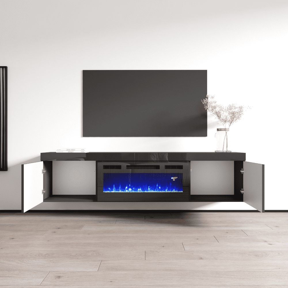 71" Floating Fireplace TV Stand – High Gloss Media Console