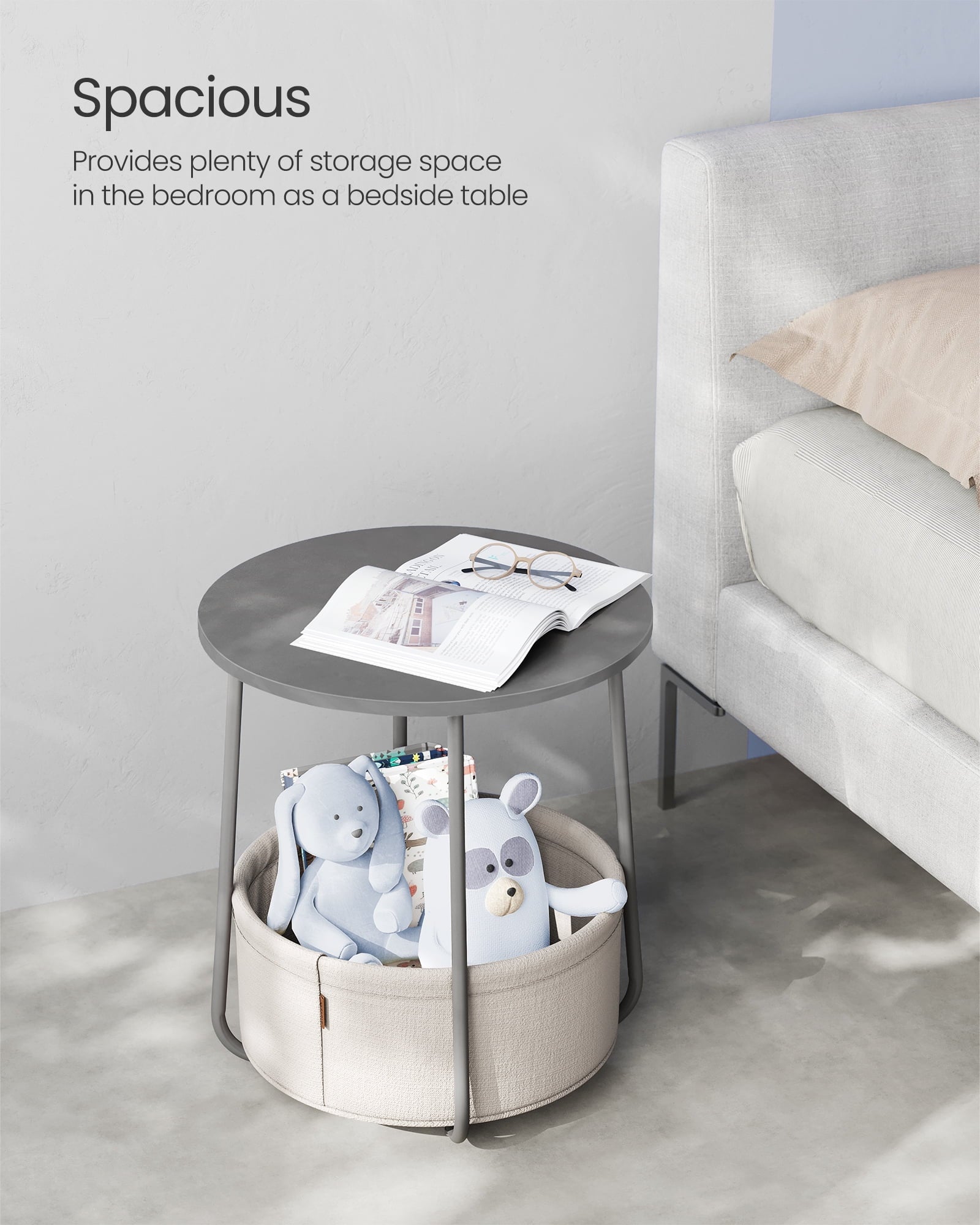 Round Side Table with Fabric Storage Basket - Modern Nightstand & End Table (Dove Gray/White)