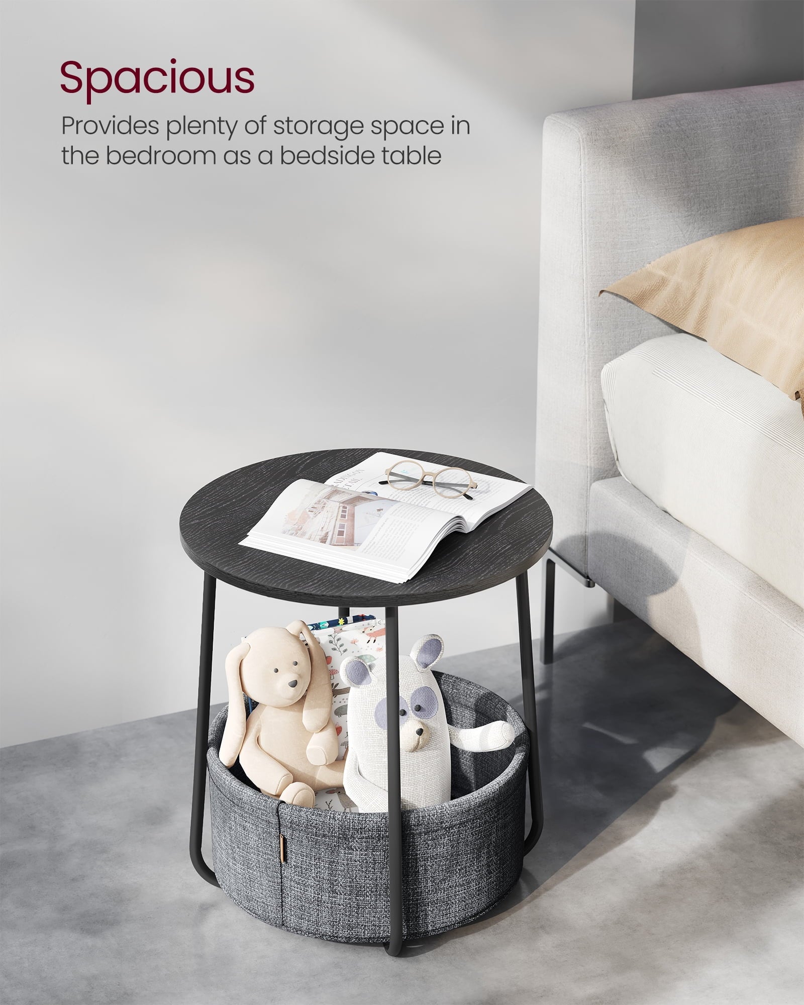 Round End Side Table with Fabric Storage Basket Bedside Table Nightstand for Living Room Bedroom Ebony Black and Slate Gray