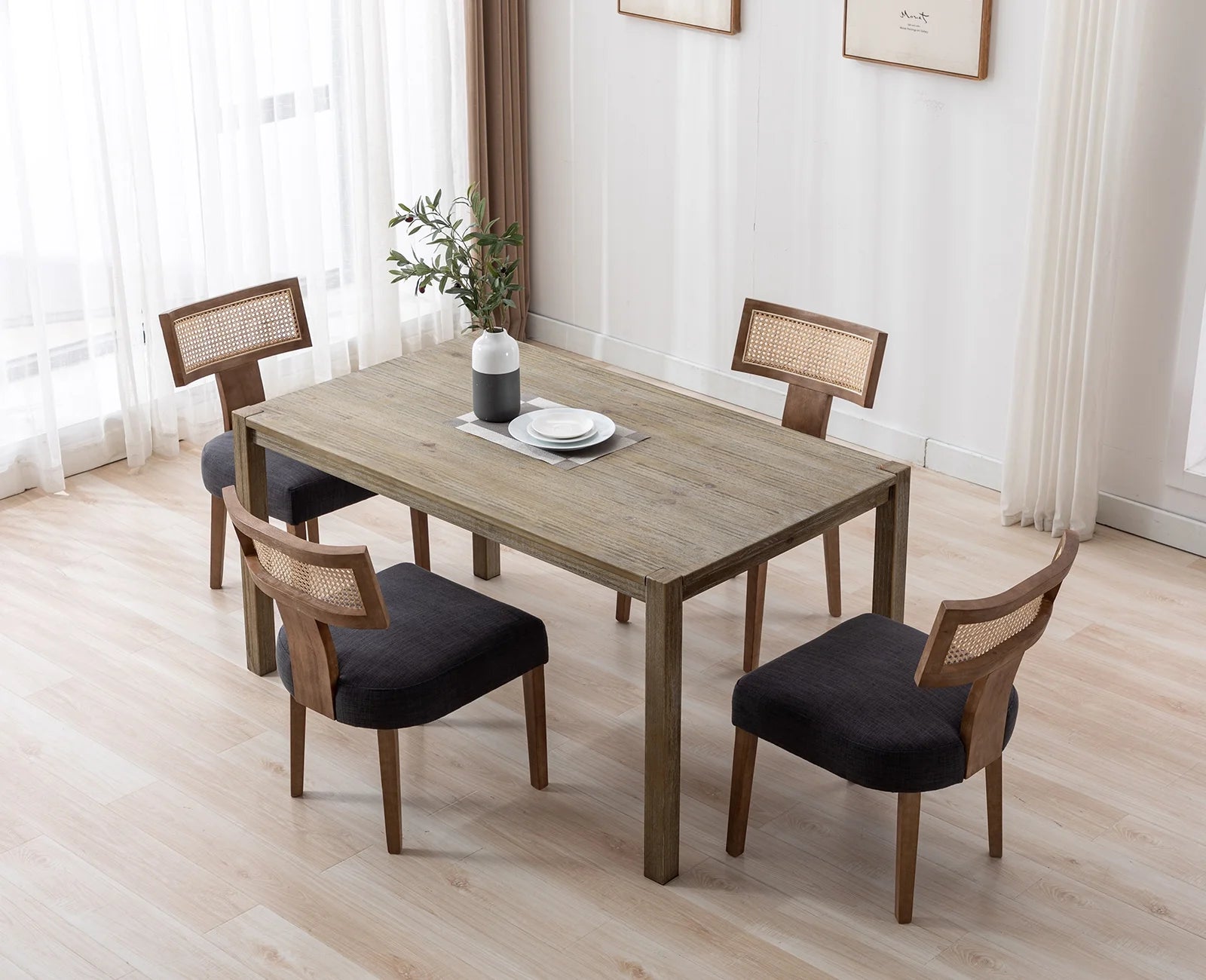 Modern Rattan Backrest Dining Chairs Set of 2, Mid-Century Farmhouse Linen Upholstered Kitchen Chairs Solid Wood Side Chairs for Kitchen Dining Room Living Room, Charcoal