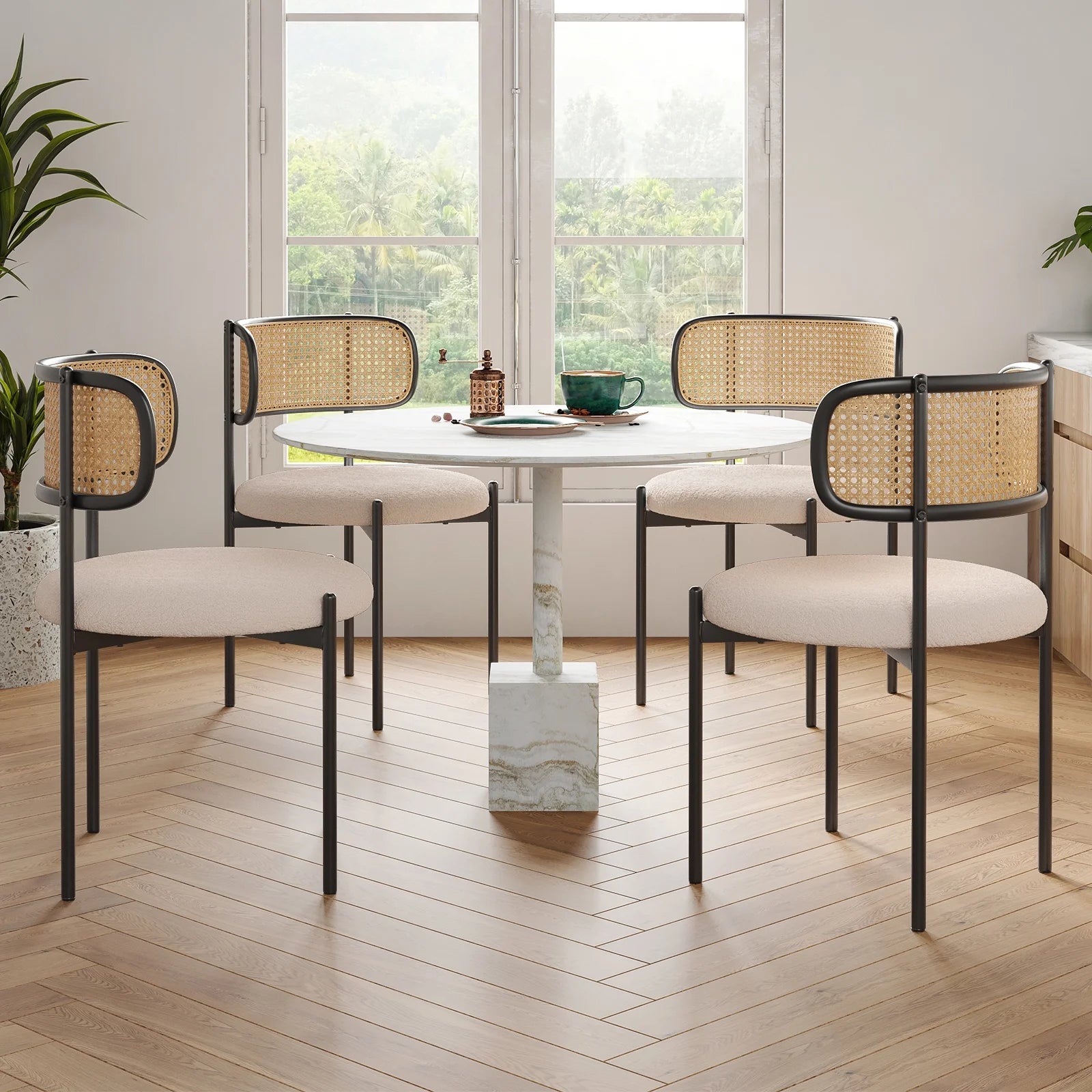 Upholstered Dining Chair Set of 4, Rattan Backrest Kitchen Chair, Light Brown