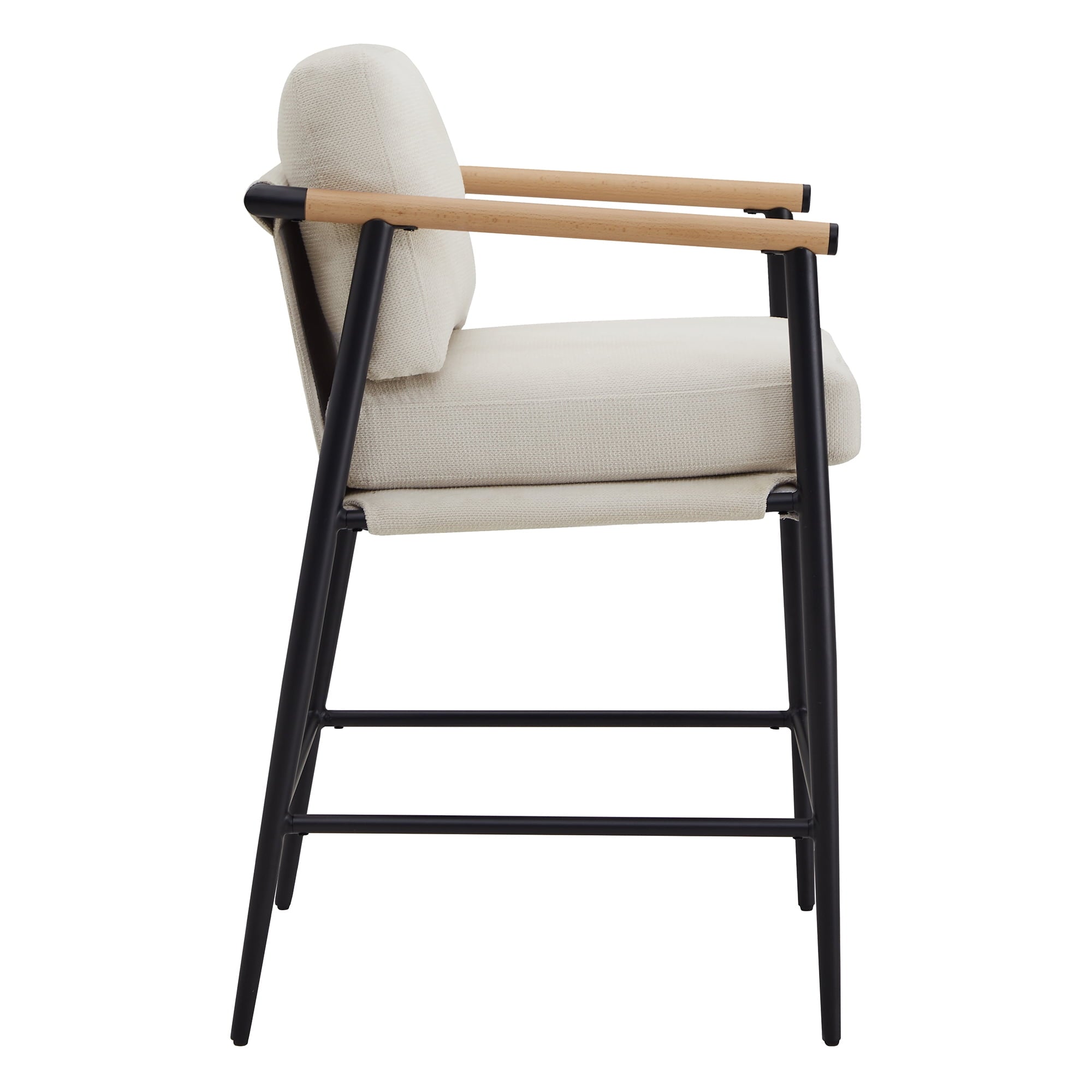 Modern Upholstered Bar Stools with Metal Frame and Wooden Armrests, Fabric in Beige