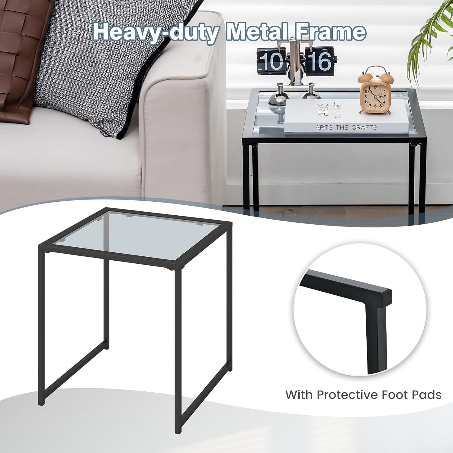 17" Square Patio Side Table - Modern Minimalist Metal End Table with Tempered Glass