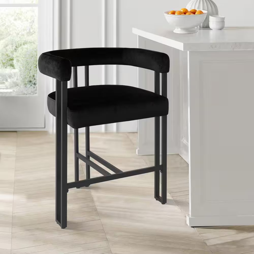Black Metal Frame Counter Height Velvet Bar Stool Single