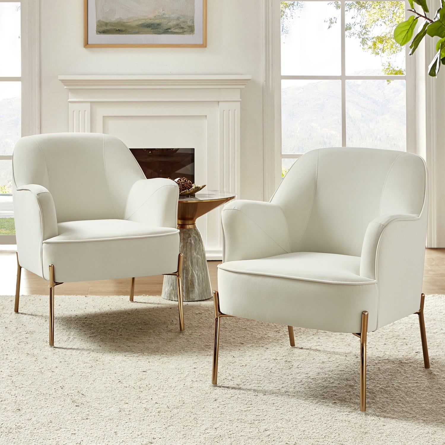 Mid-Century Modern Velvet Upholstered Accent Chair Metal Legs Curved Backrest Lounge Home Armchair Bedroom Ivory