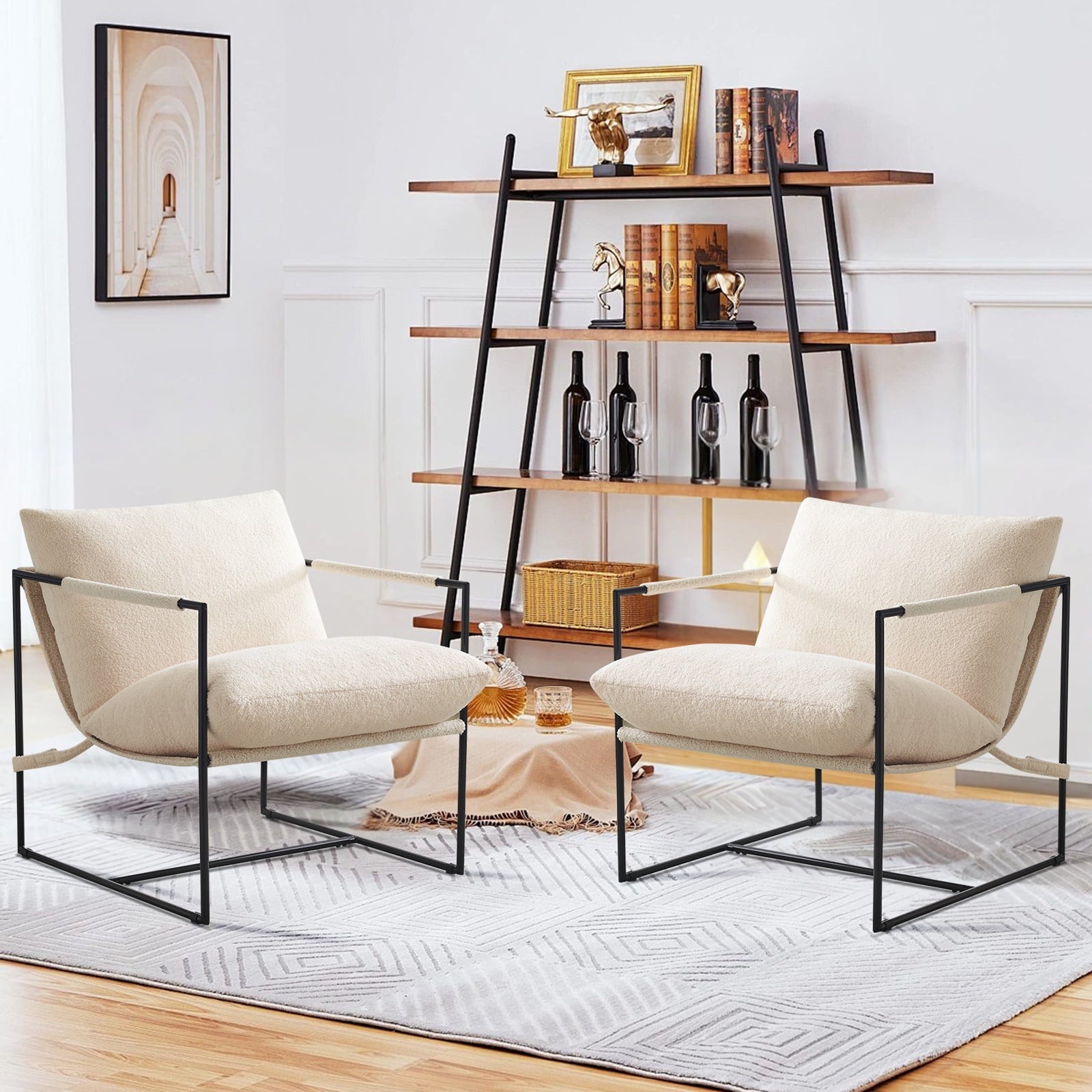 29" Modern Ivory White Faux Fur Sling Accent Chair - Metal Frame Upholstered Armchair
