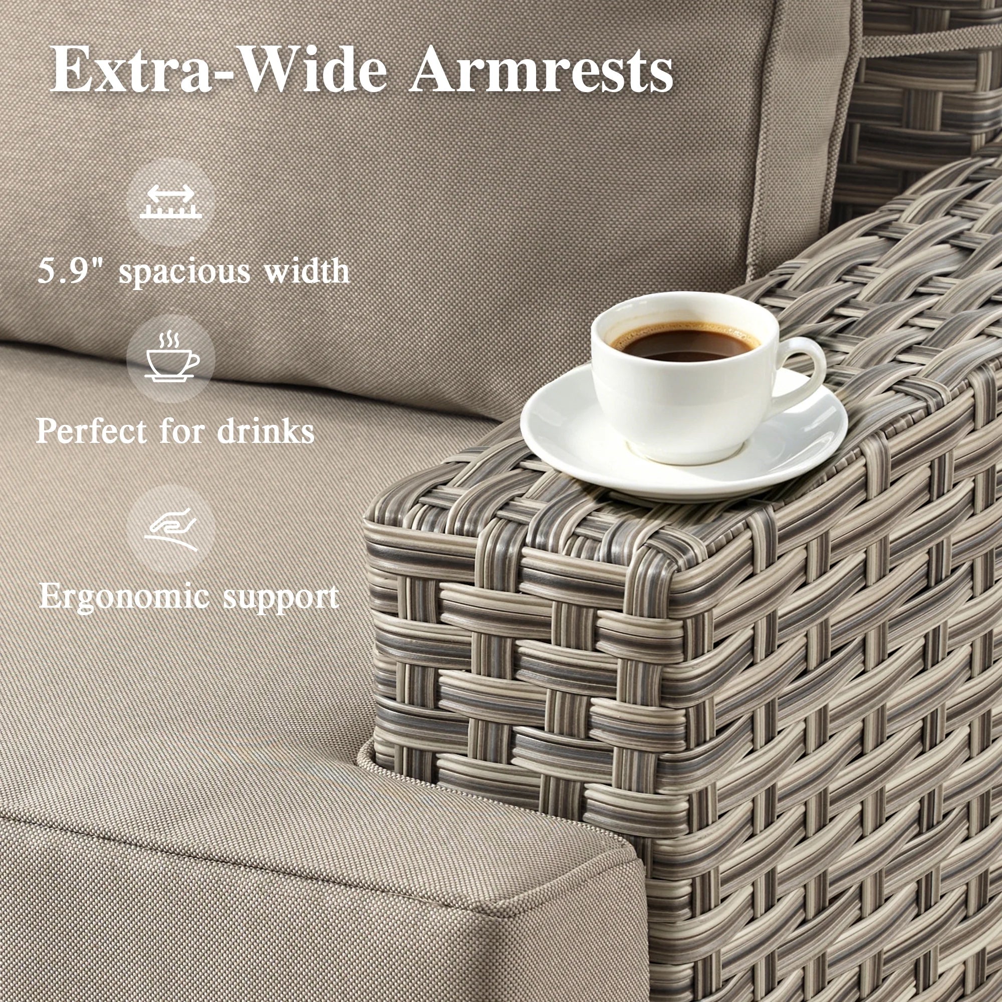 6-Piece Outdoor Patio Furniture Set with Solar-Powered Lighted Coffee Table, All-Weather Wicker L-Shaped Sectional Sofa, Beige