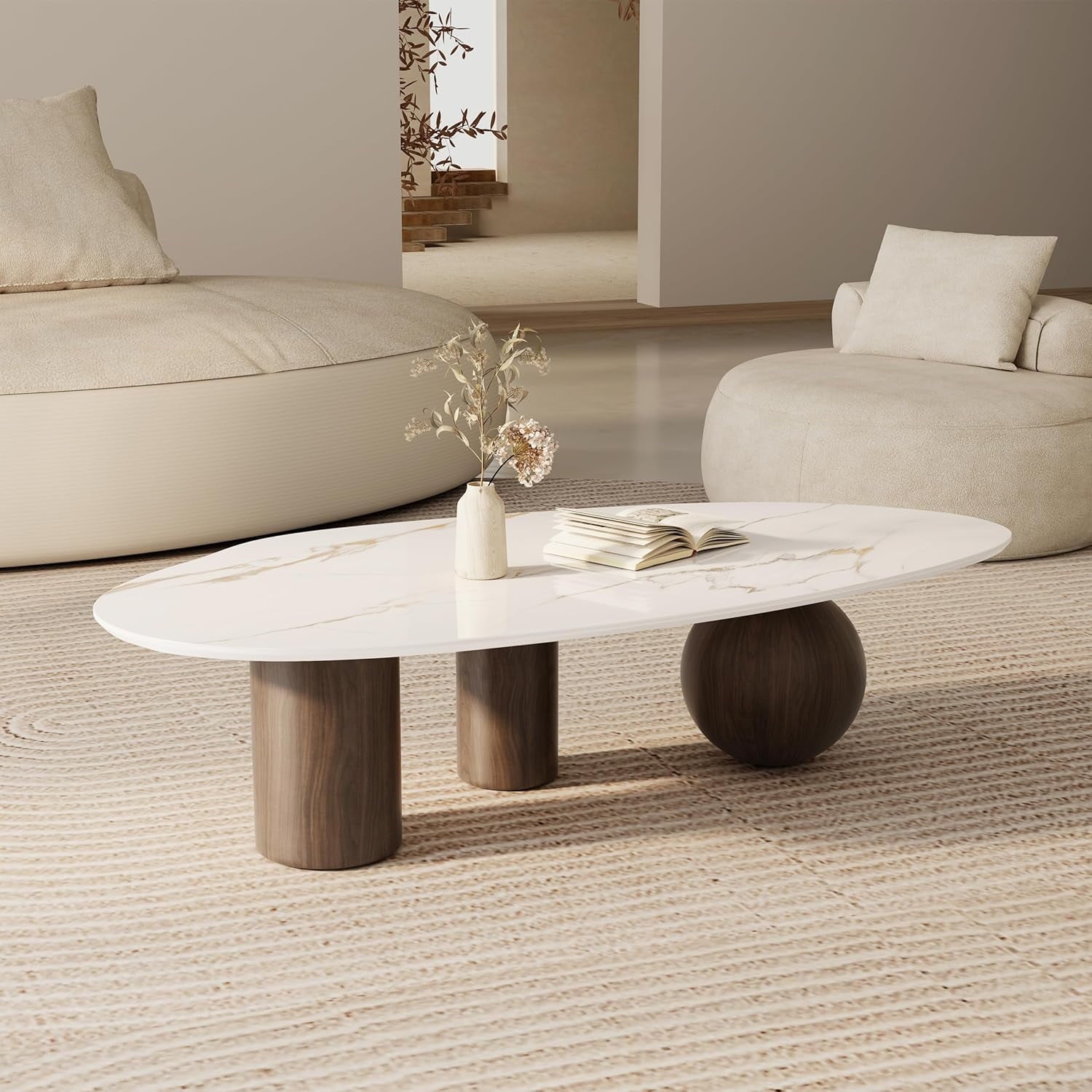Oval Coffee Table for Living Room, Modern Coffee Table with Sintered Stone Top 54.33"
