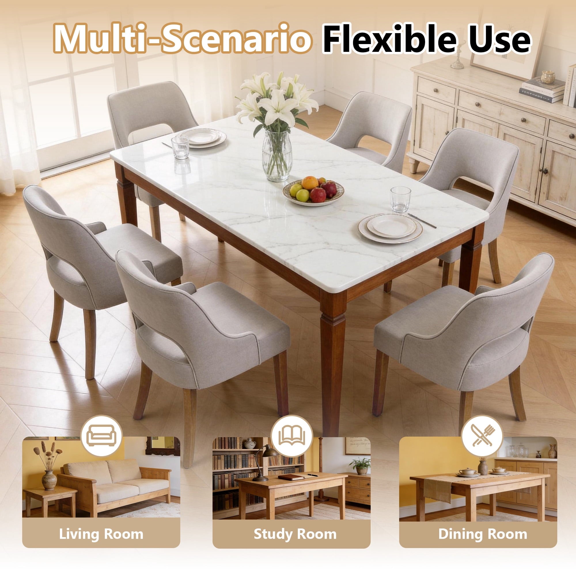 Set of 4 Modern Wooden Dining Chairs – Linen Fabric with Cutout Back