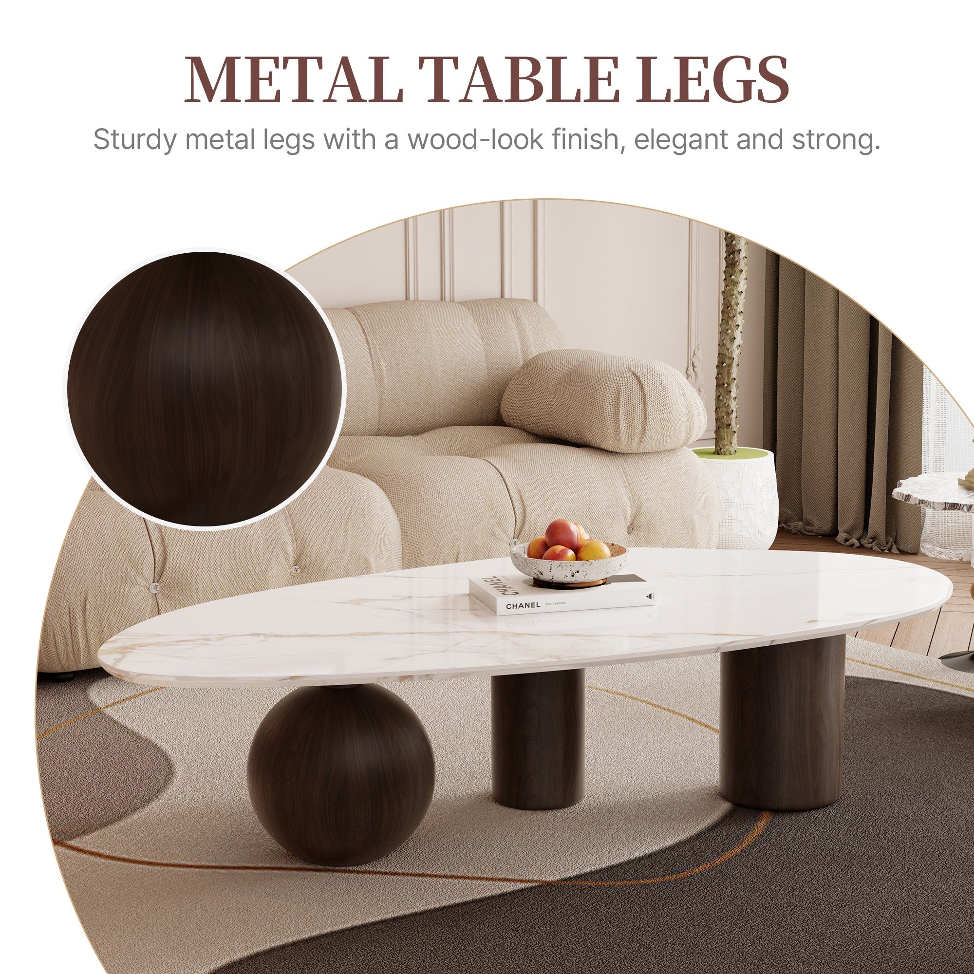 Modern 54" White Sintered Stone Coffee Table - Free Form Organic Top with Stainless Steel Legs