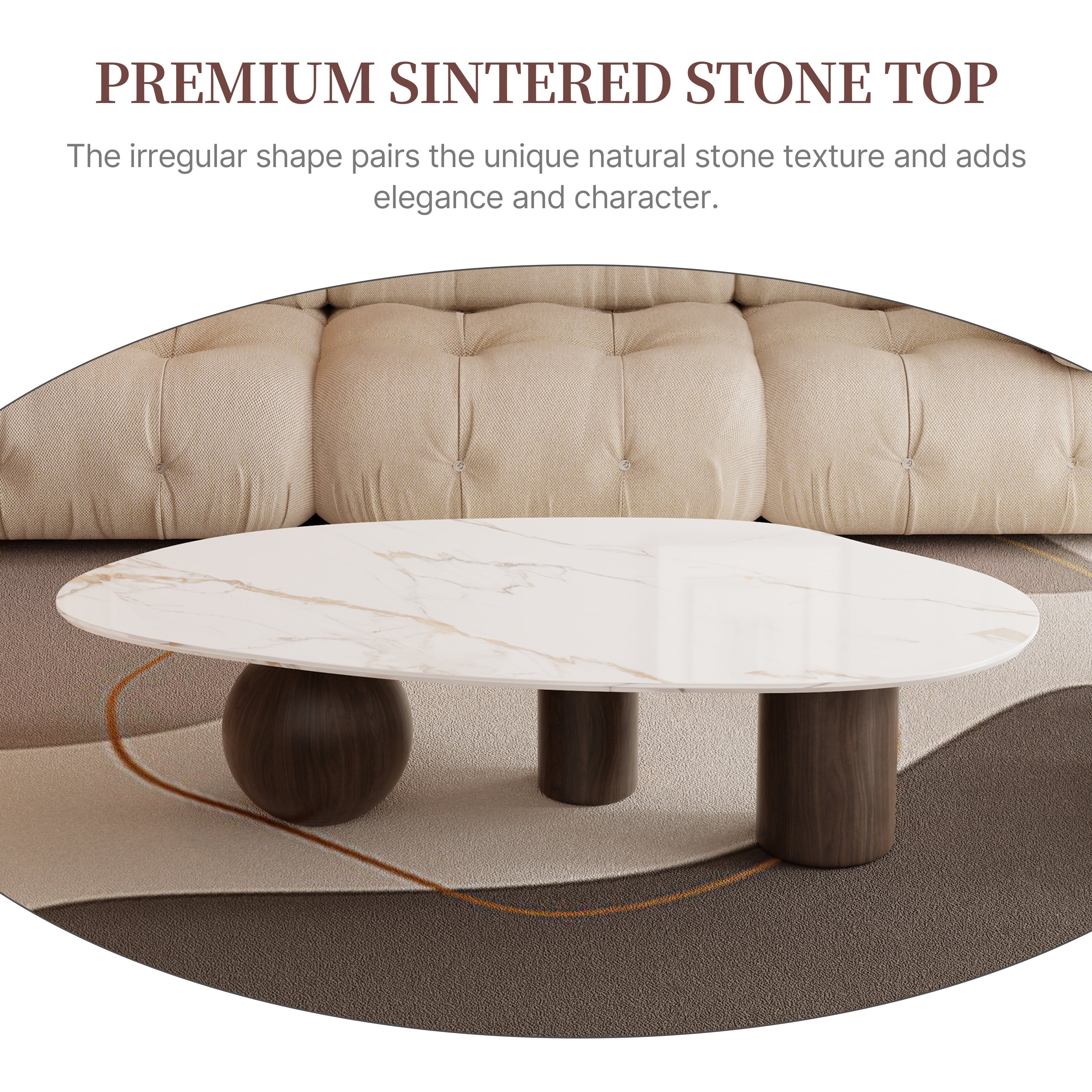 Modern 54" White Sintered Stone Coffee Table - Free Form Organic Top with Stainless Steel Legs