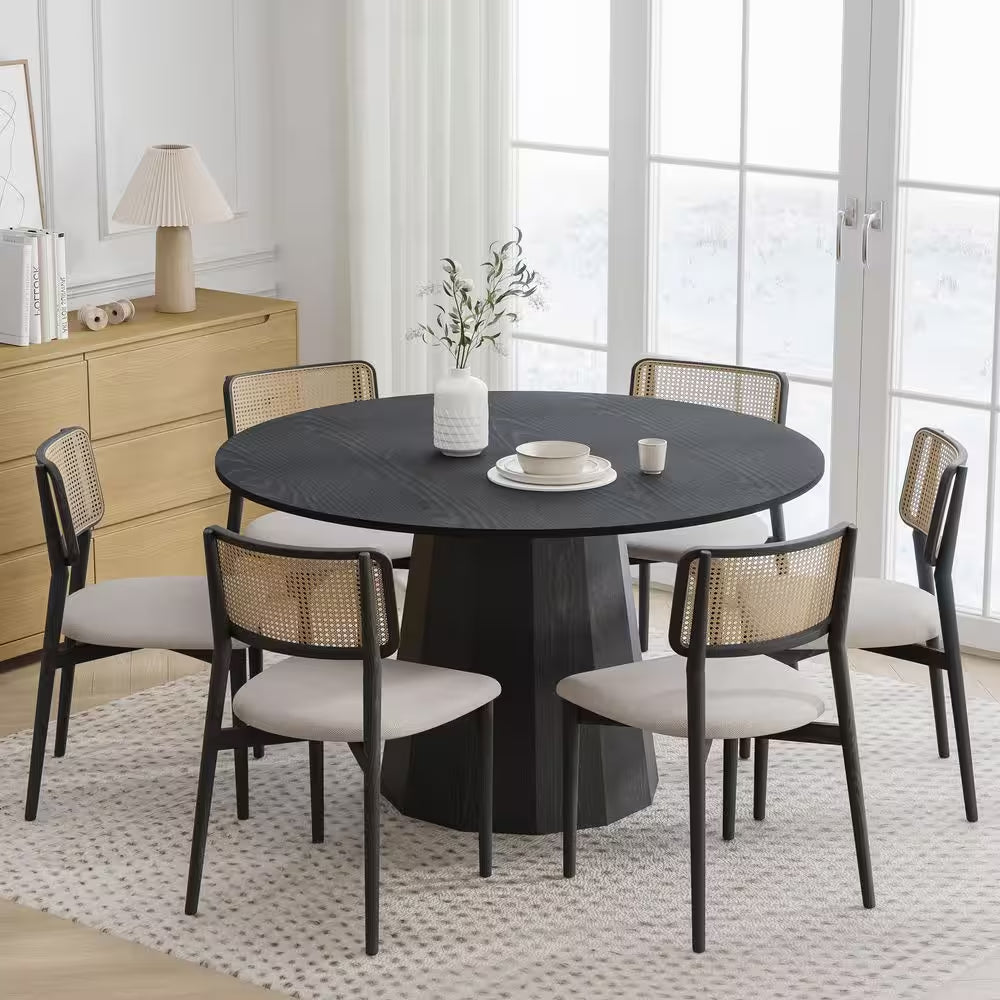 Cone Black Colored Wood 52 In. Column Base Straight Edge Dining Table for 6