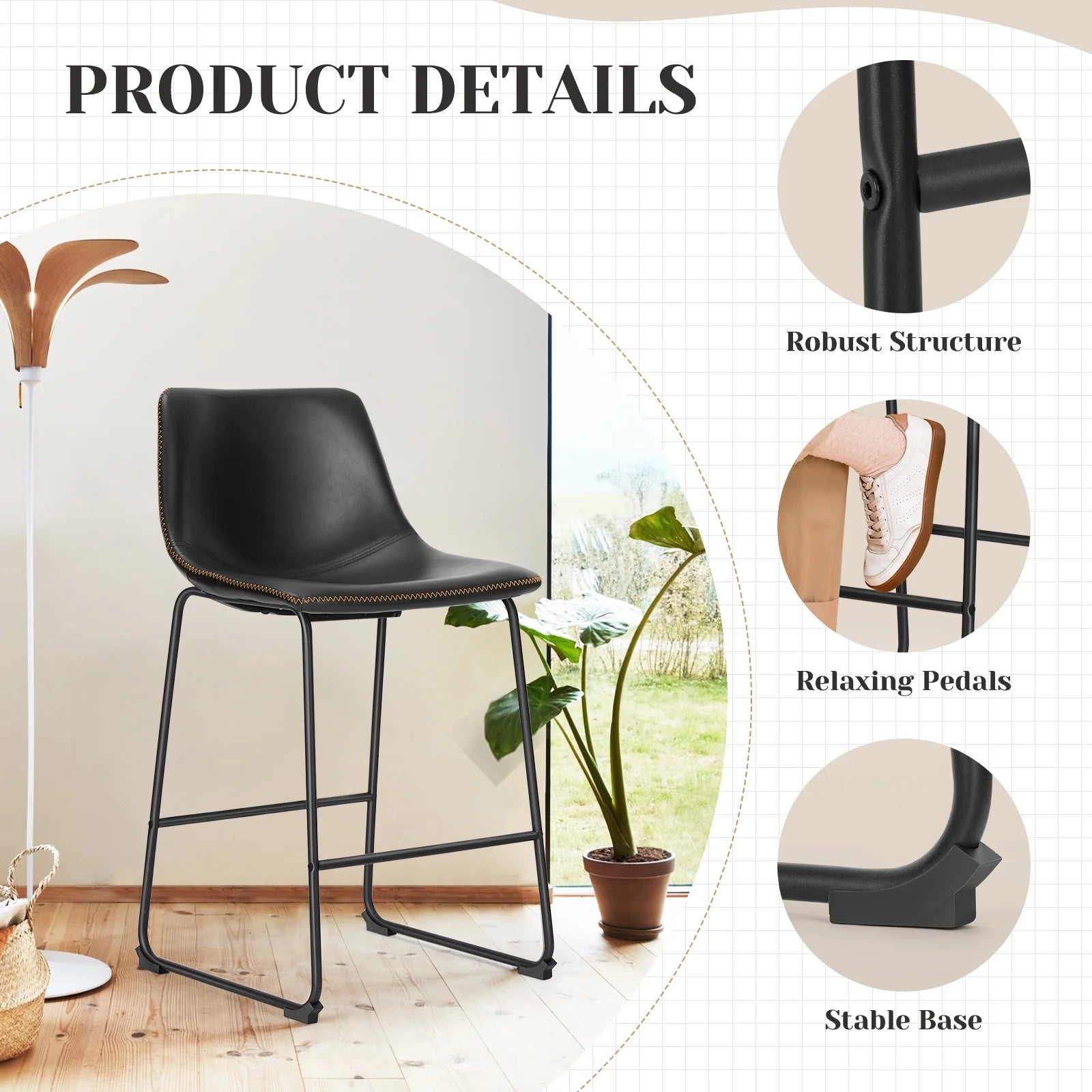 Counter Height Bar Stools with Back and Footrest, Metal Frame, 26 Inch, Black