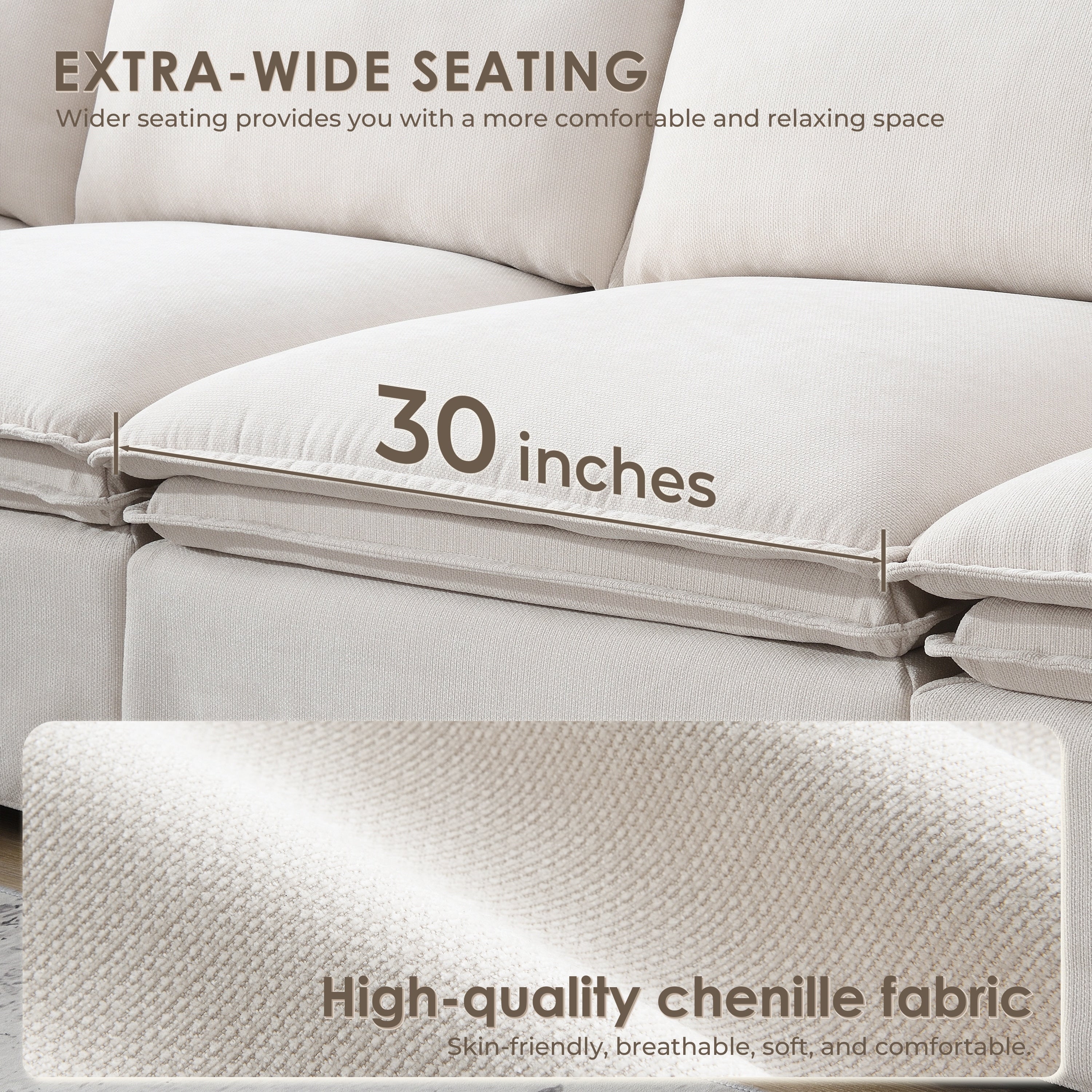 6-Seater Oversized Chenille Couch with Movable Ottoman