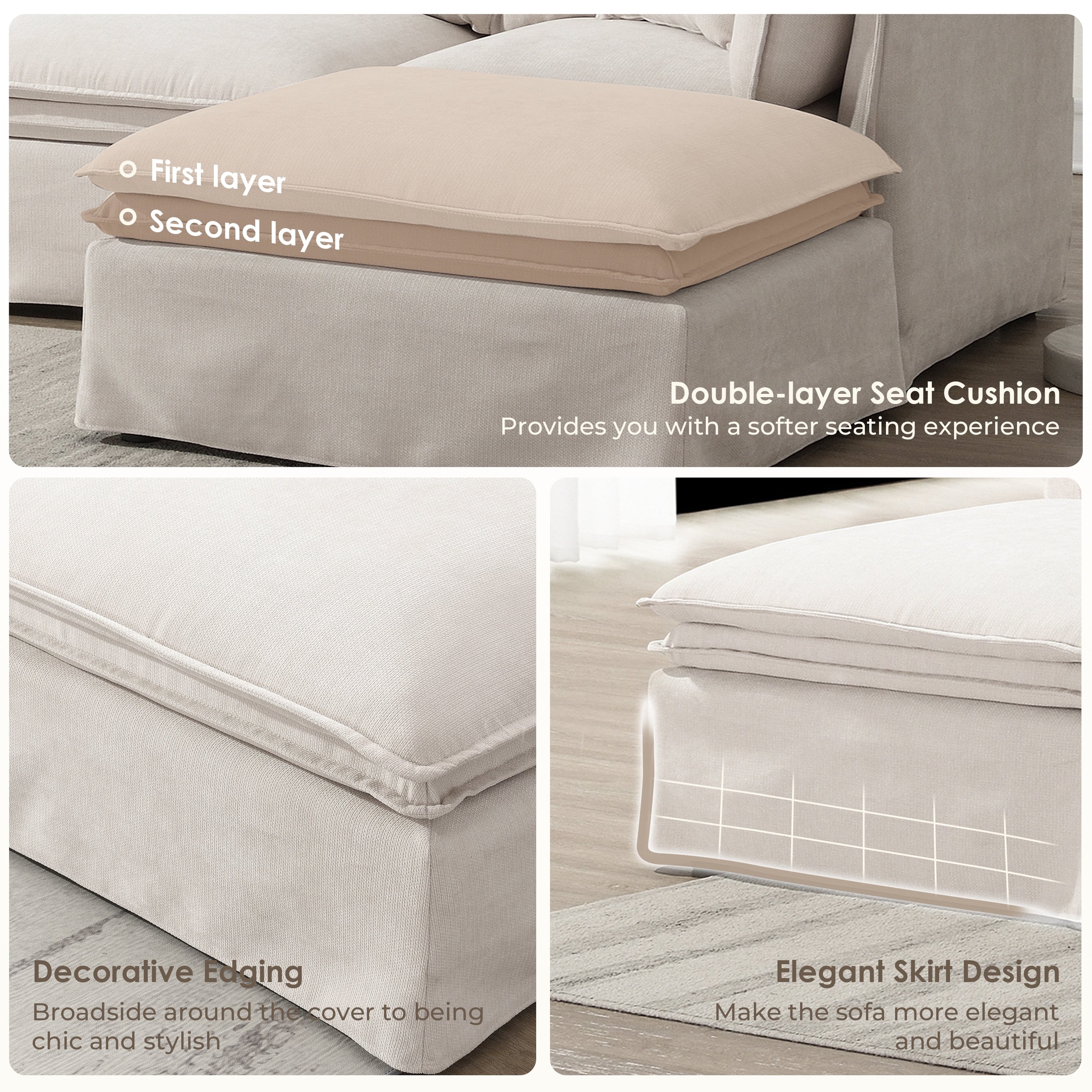 6-Seater Oversized Chenille Couch with Movable Ottoman