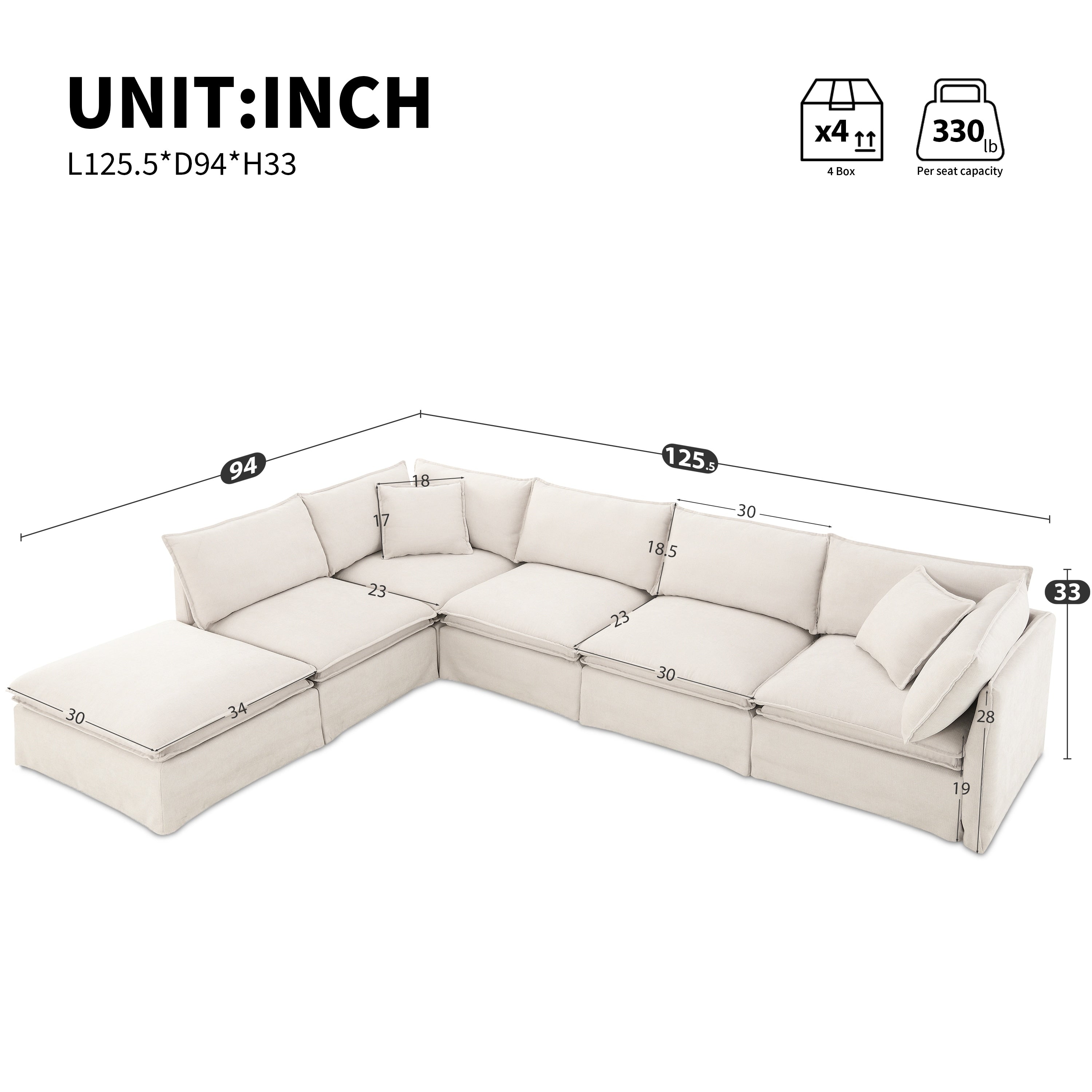 6-Seater Oversized Chenille Couch with Movable Ottoman