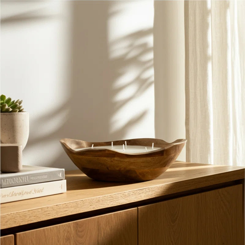 Jeimi Vanilla Wood Bowl Candle, Natural, Wood