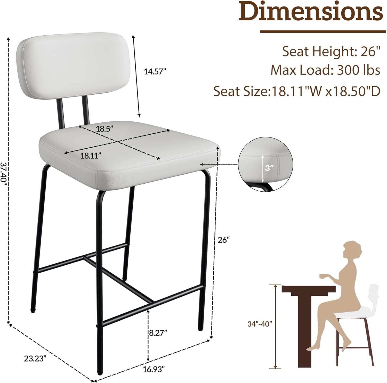 Set of 2 White PU Leather Bar Stools – 26" Counter Height with Back