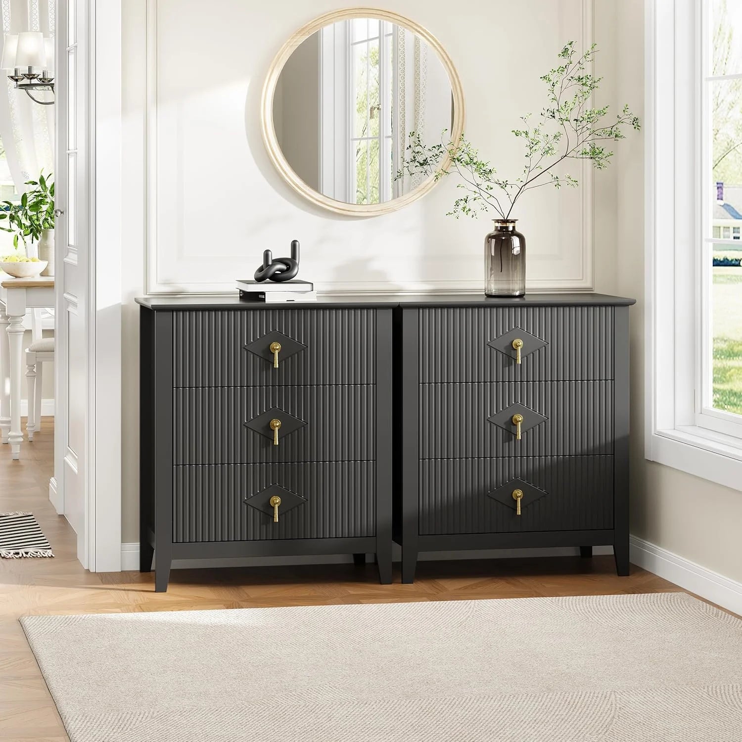 Fluted Dresser for Bedroom 27.5" Wide, 3-Drawer Wood Dresser Nightstand for Bedroom, Modern Chest of Drawers, Storage Organizer Cabinet for Living Room, Hallway, Entryway, Black