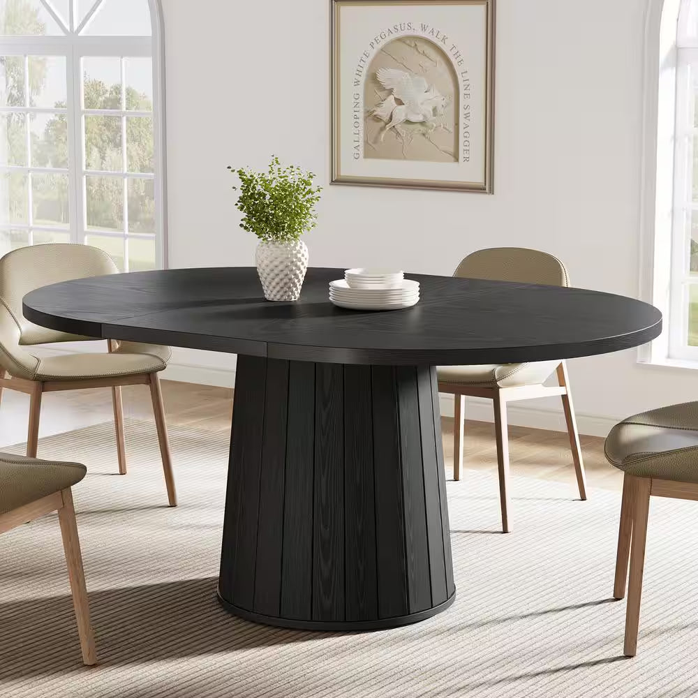Modern Black Engineered Wood Pedestal Dining Table Seat 6