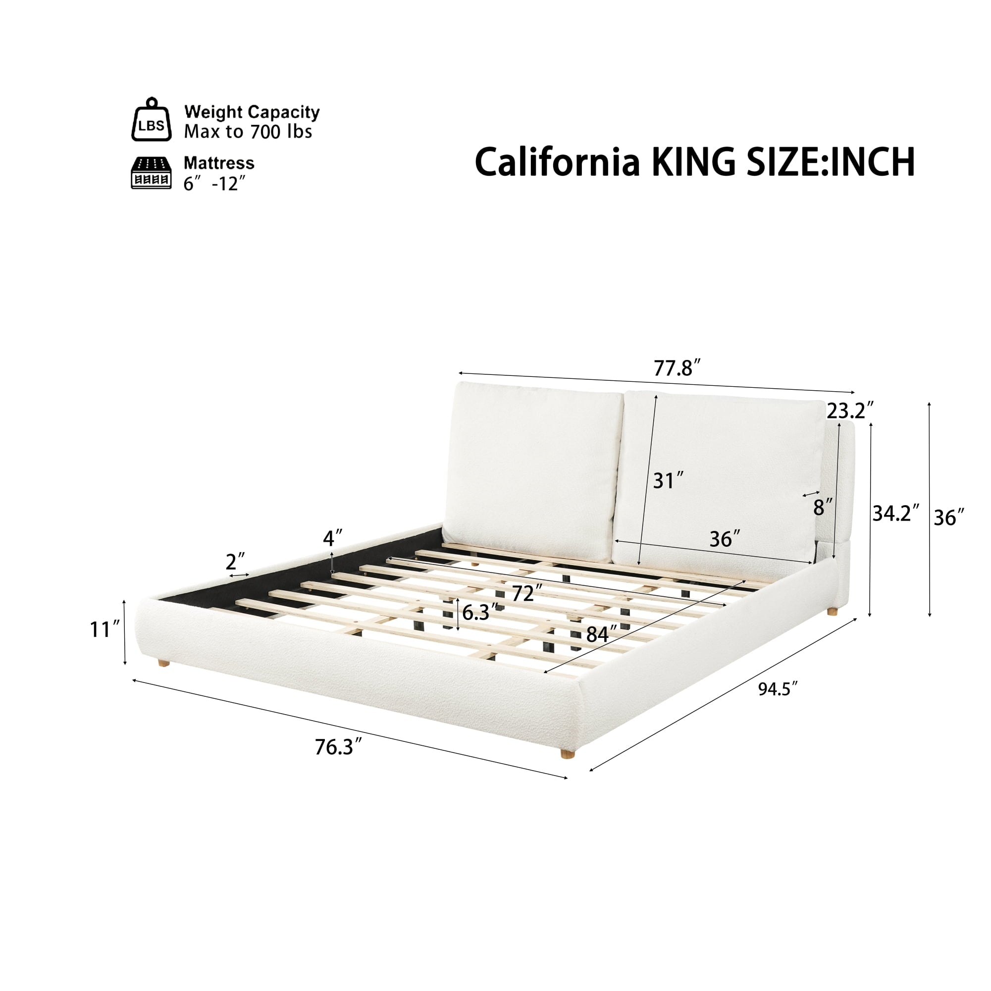 Hommeco White King Upholstered Bed Frame - with Removable Pillow Headboard