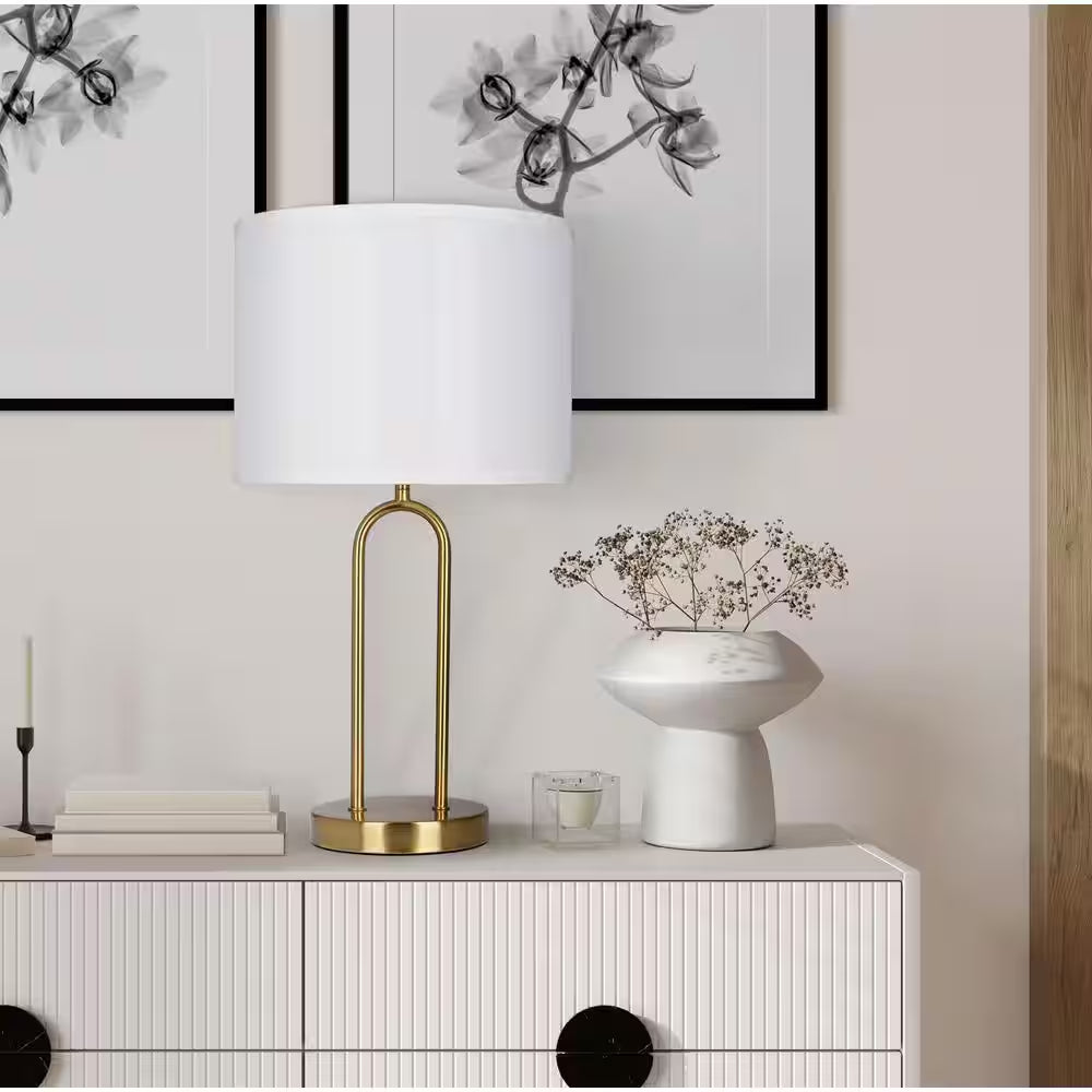 Streamside 20 In. Brushed Gold Standard 1-Light Table Lamp with White Fabric Drum Shade