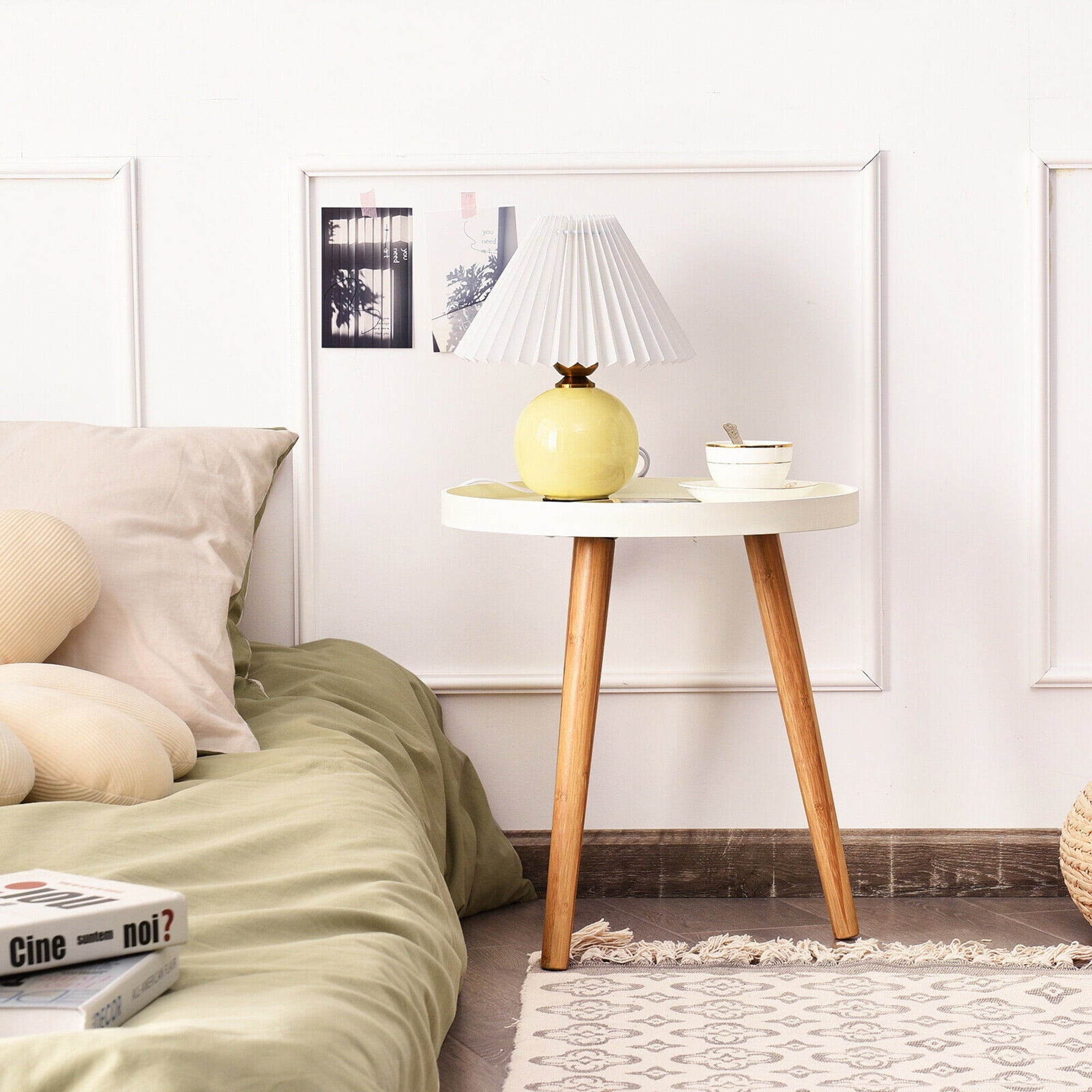 Wood round Side Table, White/Brown
