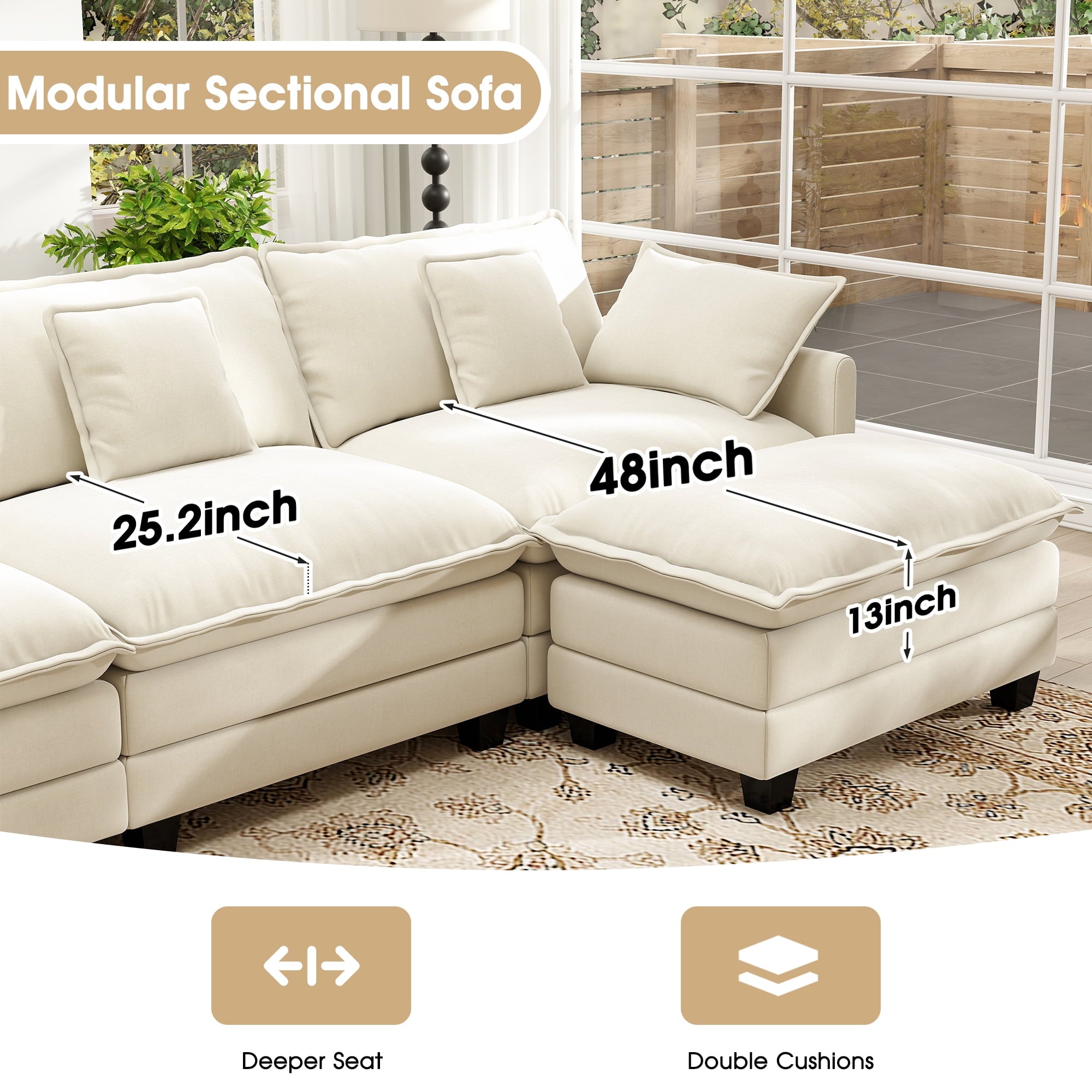 111.5" Modular U-Shaped Sectional Sofa - 3-Seat Beige Cloud Couch with Movable Ottomans