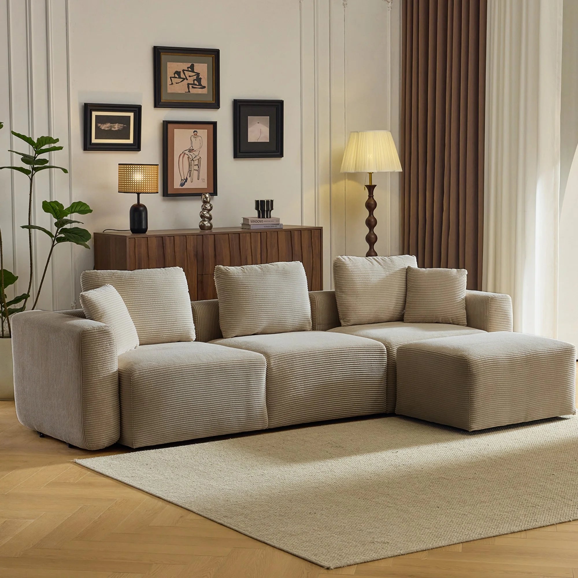 L-Shaped Sectional Sofa 112" W 3-Seater Corduroy Boneless Couch with Movable Ottoman Chaise