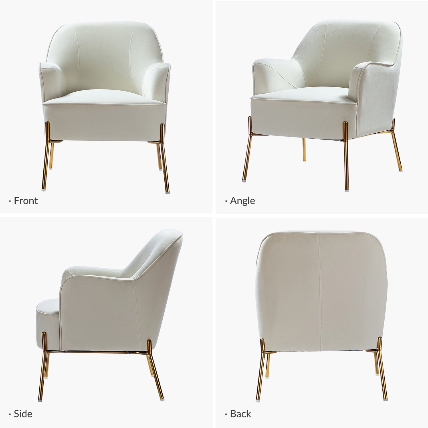 Mid-Century Modern Velvet Upholstered Accent Chair Metal Legs Curved Backrest Lounge Home Armchair Bedroom Ivory