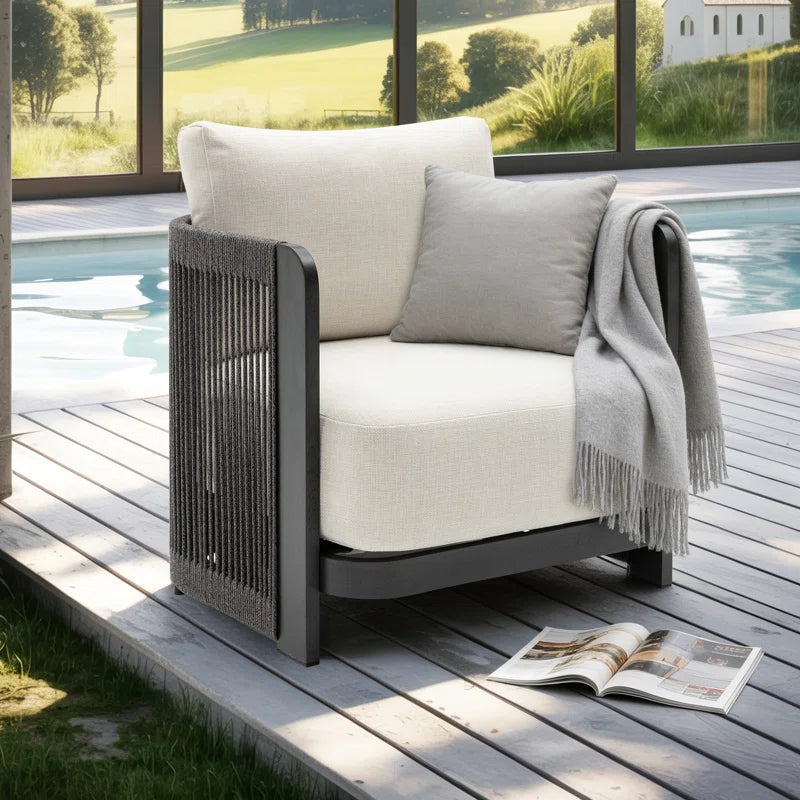 Modern Rope Woven Patio Chair with Aluminum Frame and Wood Grain;Weather-Resistant Outdoor Armchair for Pool and Garden (Only 1 Chair)