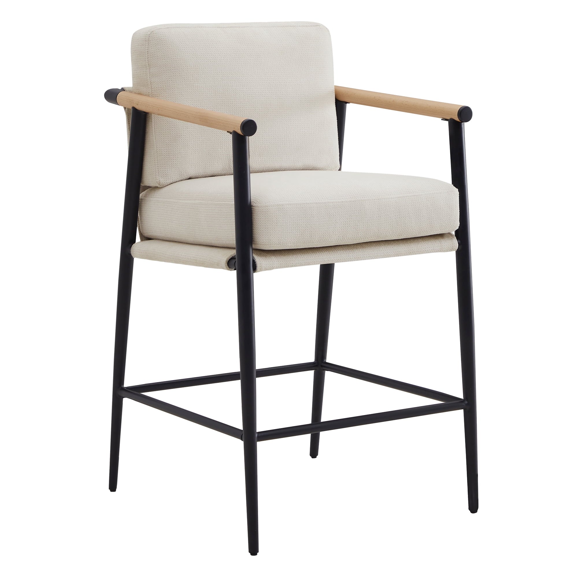 Modern Upholstered Bar Stools with Metal Frame and Wooden Armrests, Fabric in Beige