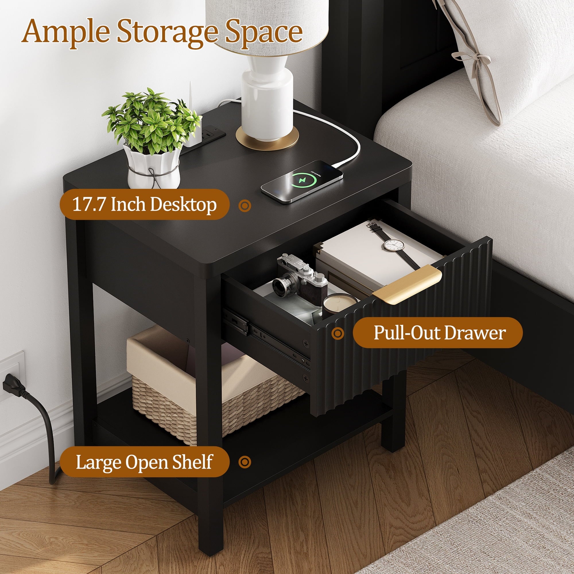 Modern Fluted Bedside Tables (Set of 2) | Integrated Power & Storage