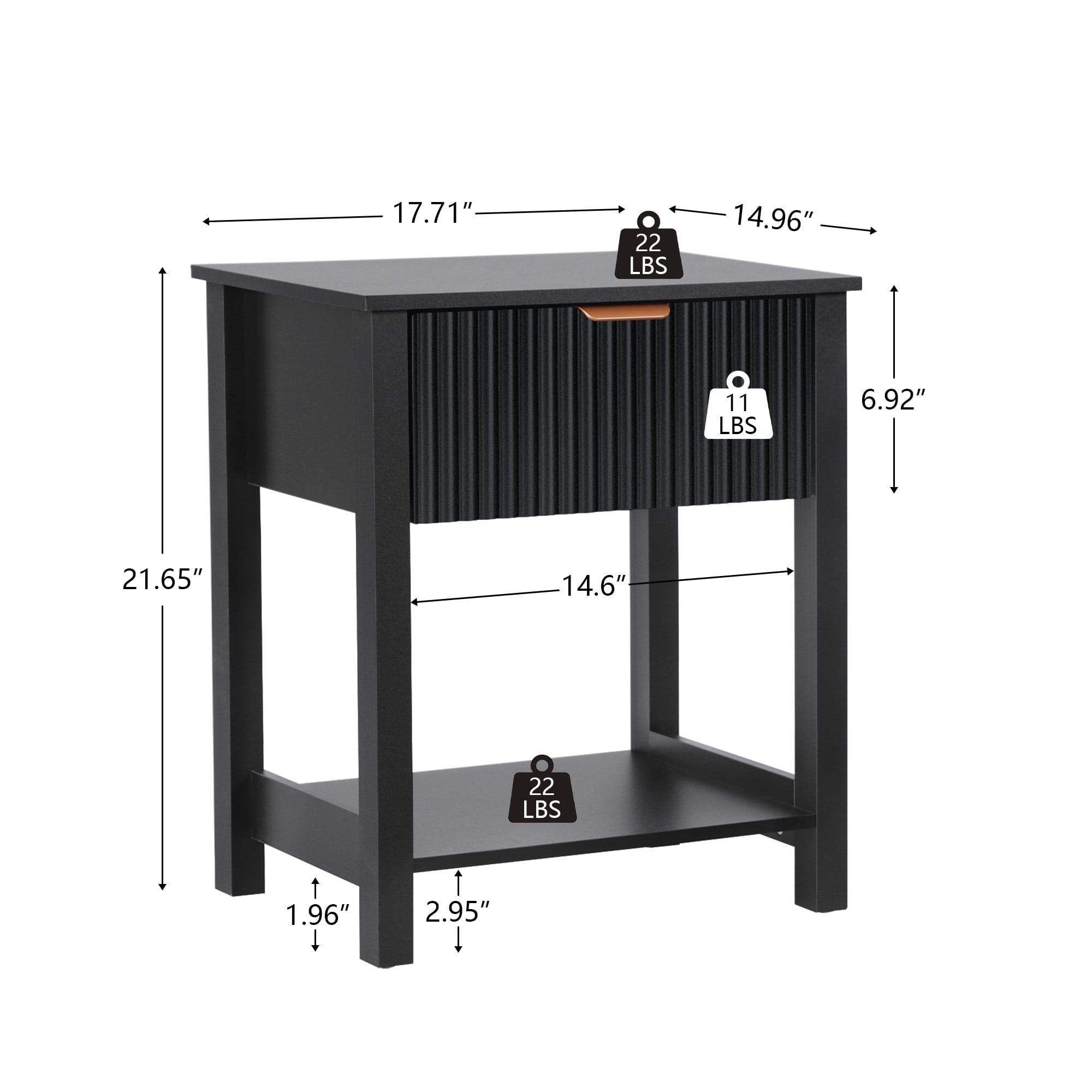 Fluted Nightstand for Bedroom, Wood Bedside Table with Drawers, Black