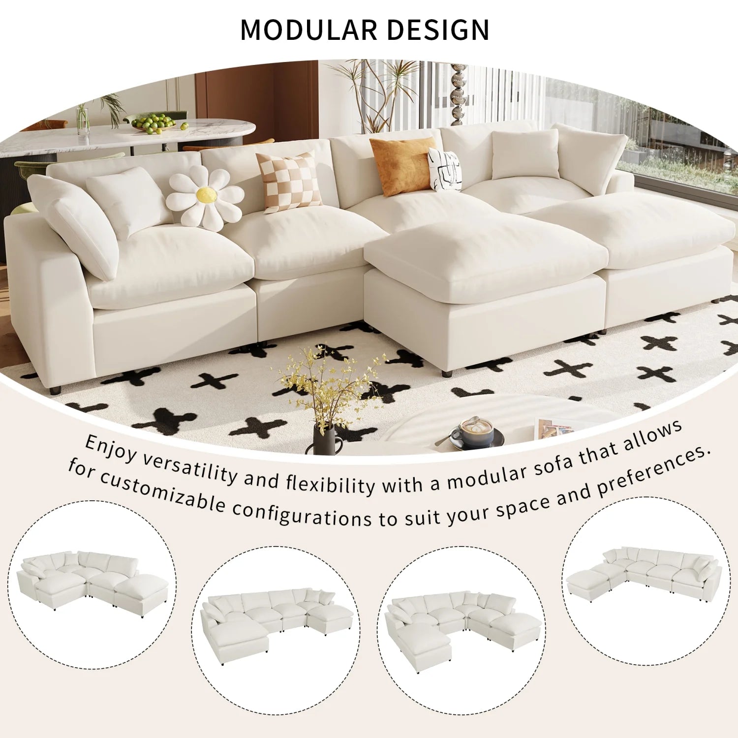 Hommeco Large U-Shape Modular Cloud Sectional Sofa with Reversible Chaise - Beige