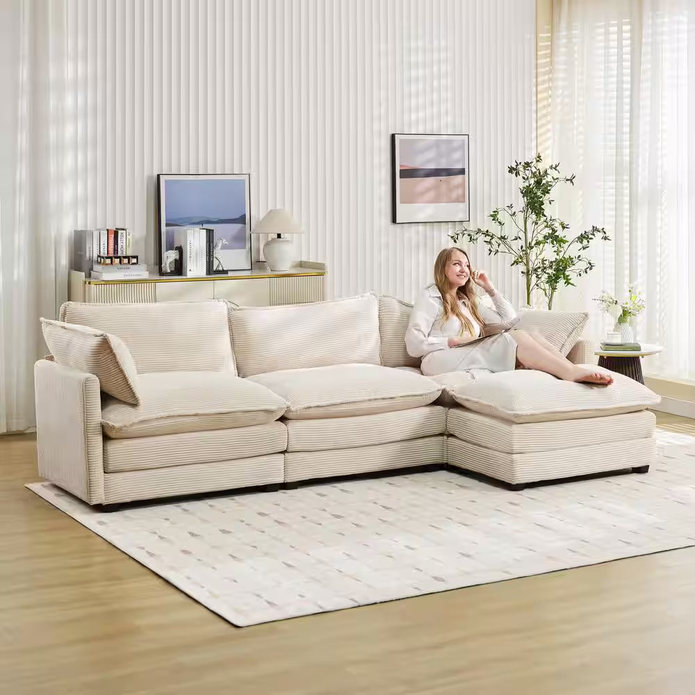 112 In. W 4-Piece Modern Straight Arm Corduroy Fabric L-Shaped Sectional Sofa with Ottoman in Beige