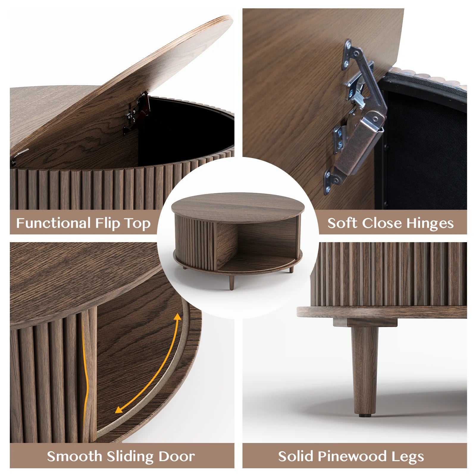 Round Walnut Coffee Table with Sliding Door Storage – Mid-Century Modern