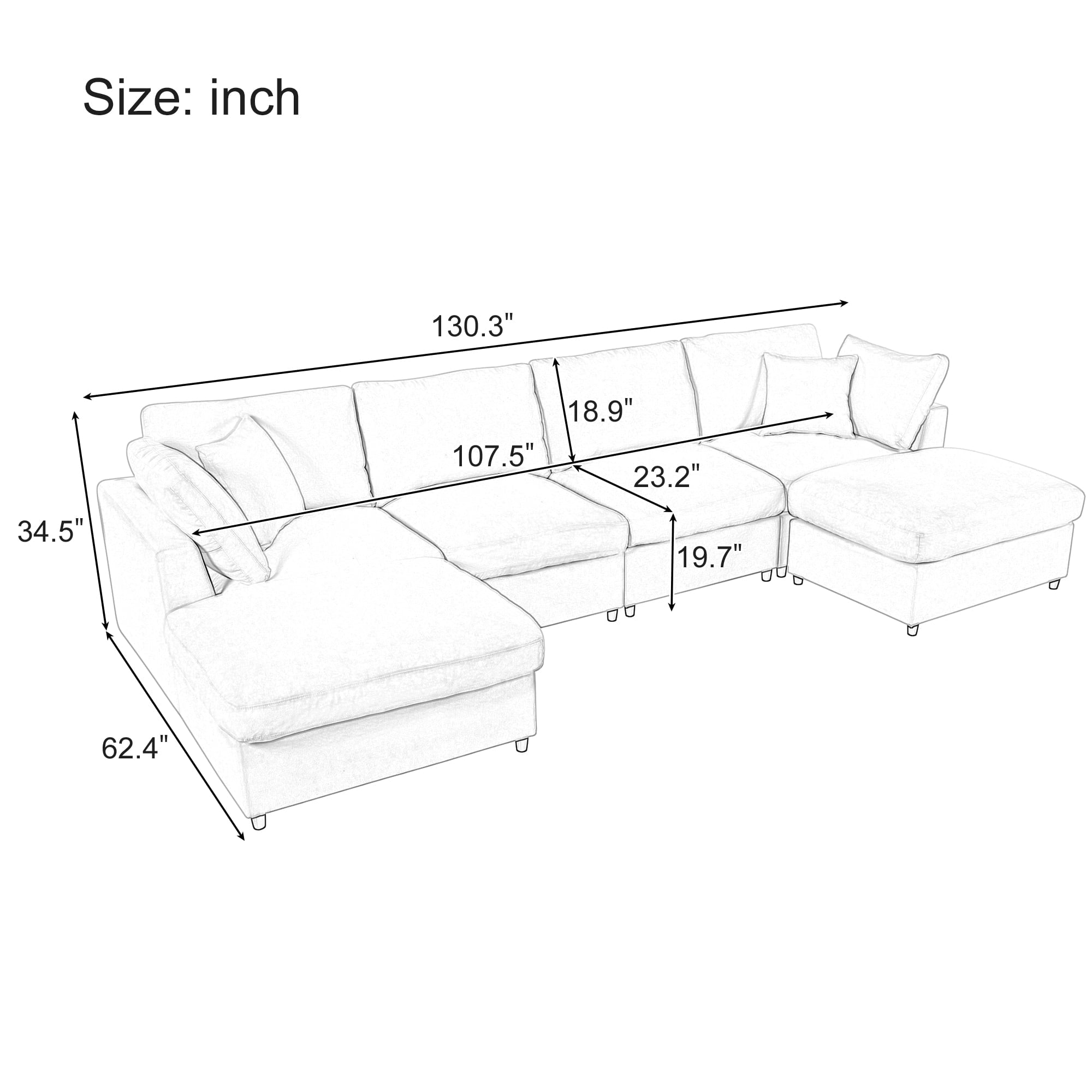 130" Oversized U-Shaped Chenille Cloud Couch - 6-Seat Modular Sectional with Movable Ottoman