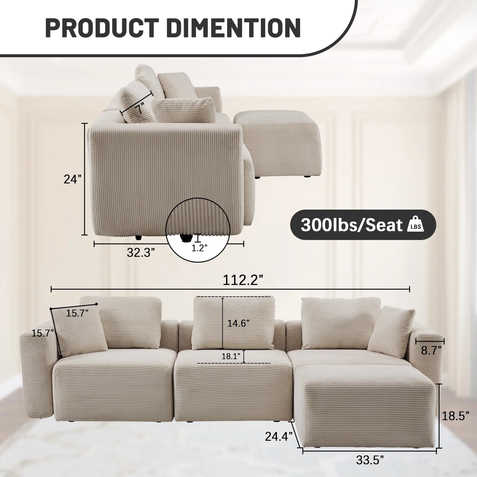 L-Shaped Sectional Sofa 112" W 3-Seater Corduroy Boneless Couch with Movable Ottoman Chaise