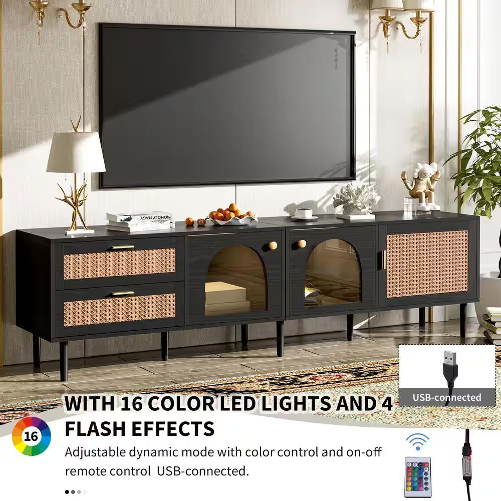 Rattan Black TV Stand Entertainment Center Fits Tv'S up to 80 In. with 2 Drawers, 3 Cabinets and LED Light