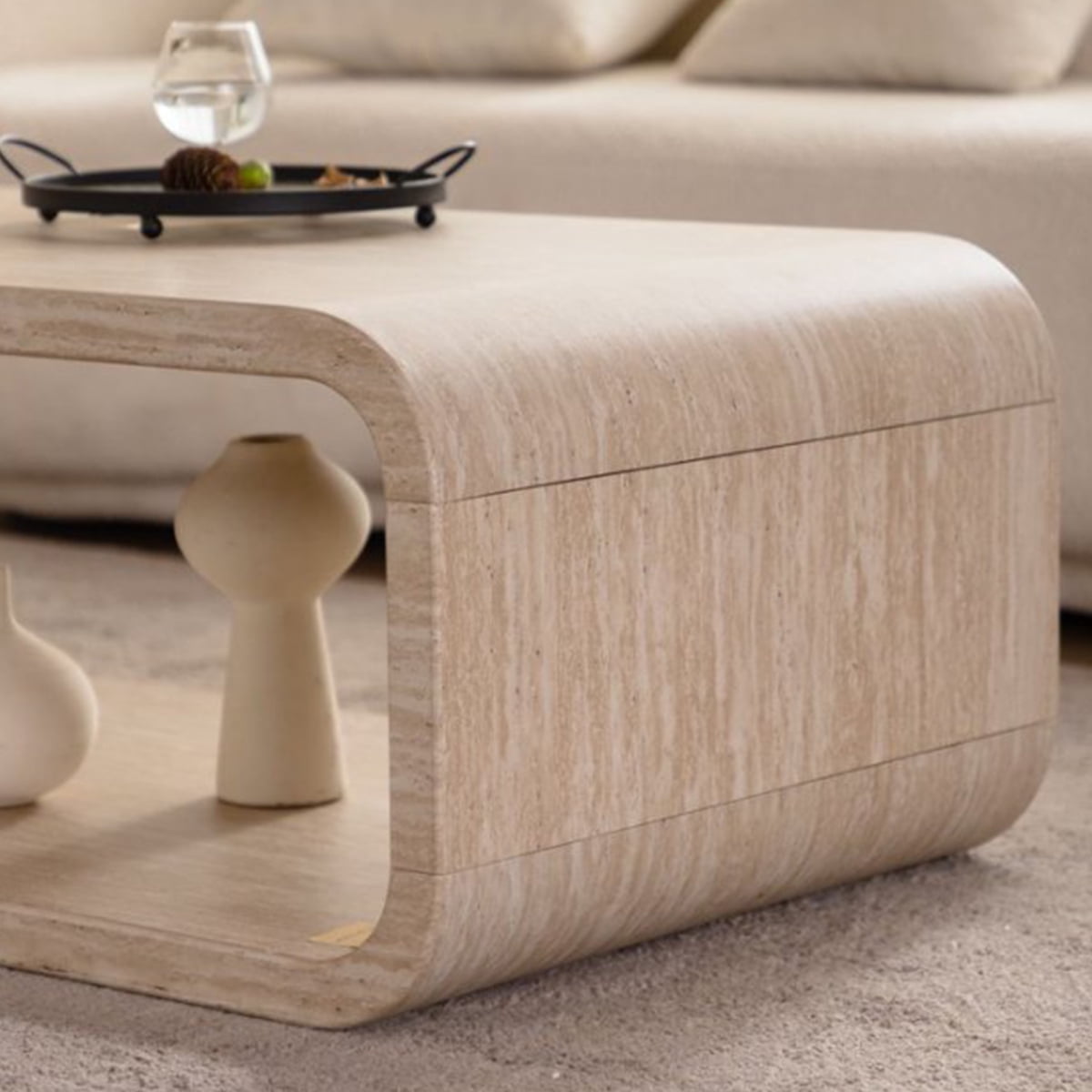 Elegant Curved Light Wood Coffee Table with Open Storage for Contemporary Living Rooms