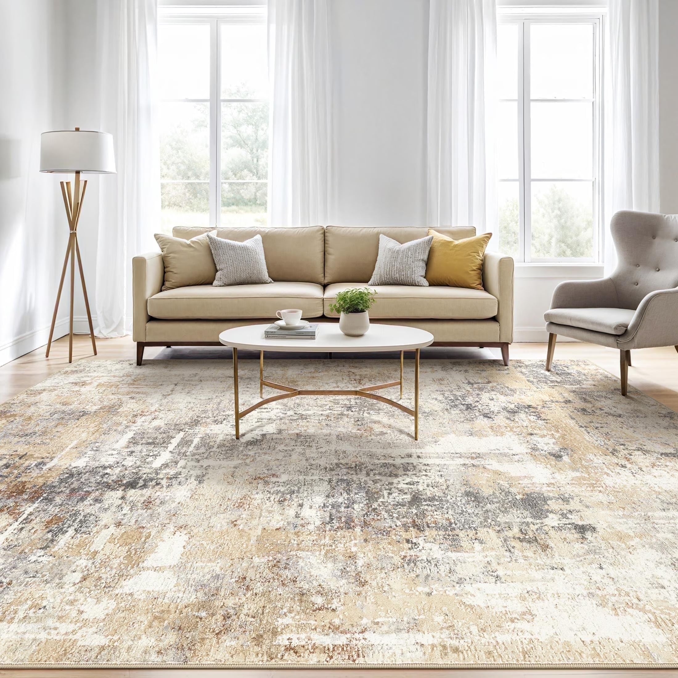 9'X12' Large Area Rugs for Living Room, Washable Non Slip Indoor Rug for Bedroom Home Decor Carpets, Modern Abstract Printed Carpet, Grey Gold